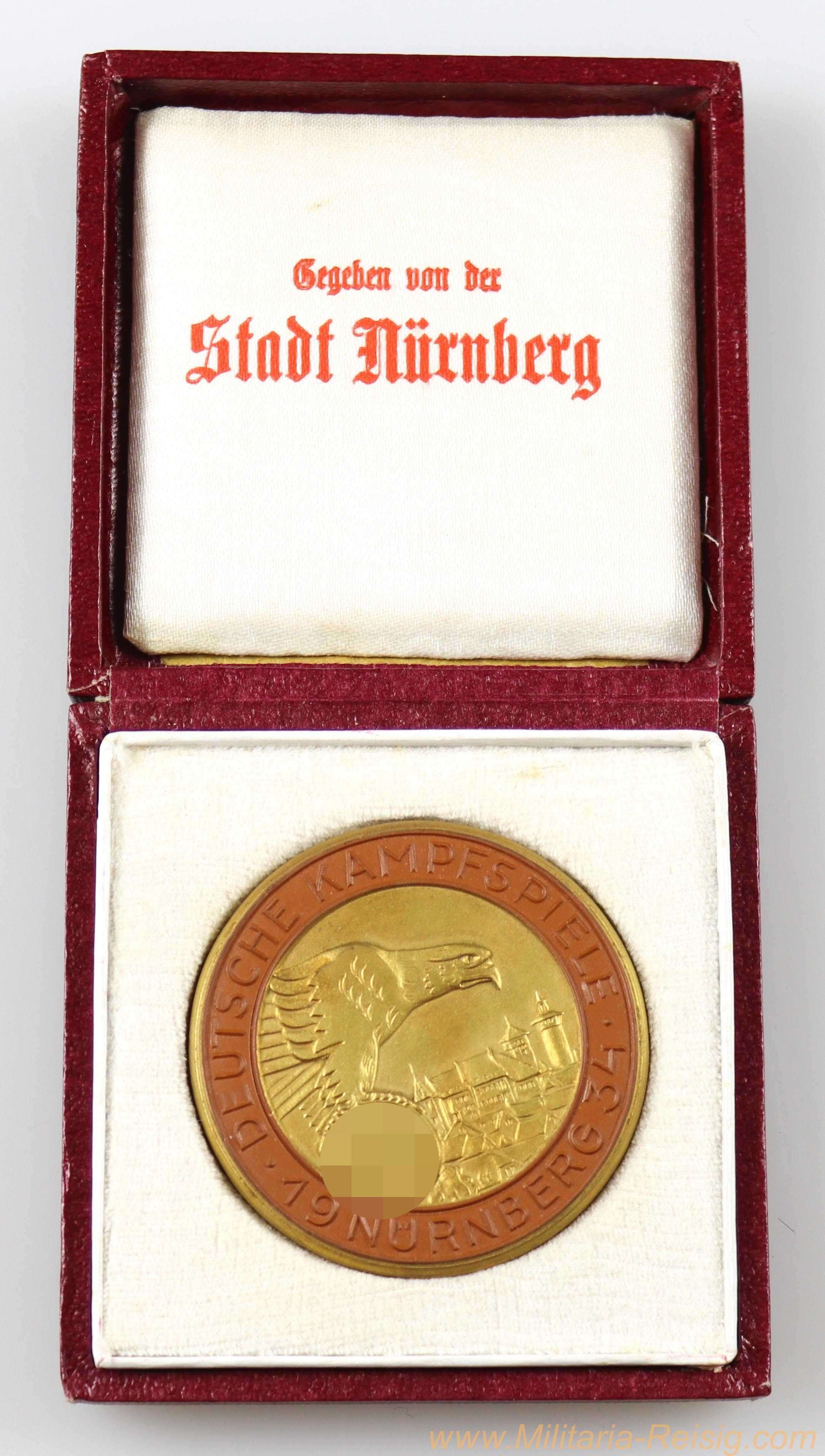 Porzellan Medaille im Etui "Deutsche Kampfspiele Nürnberg 1934" 