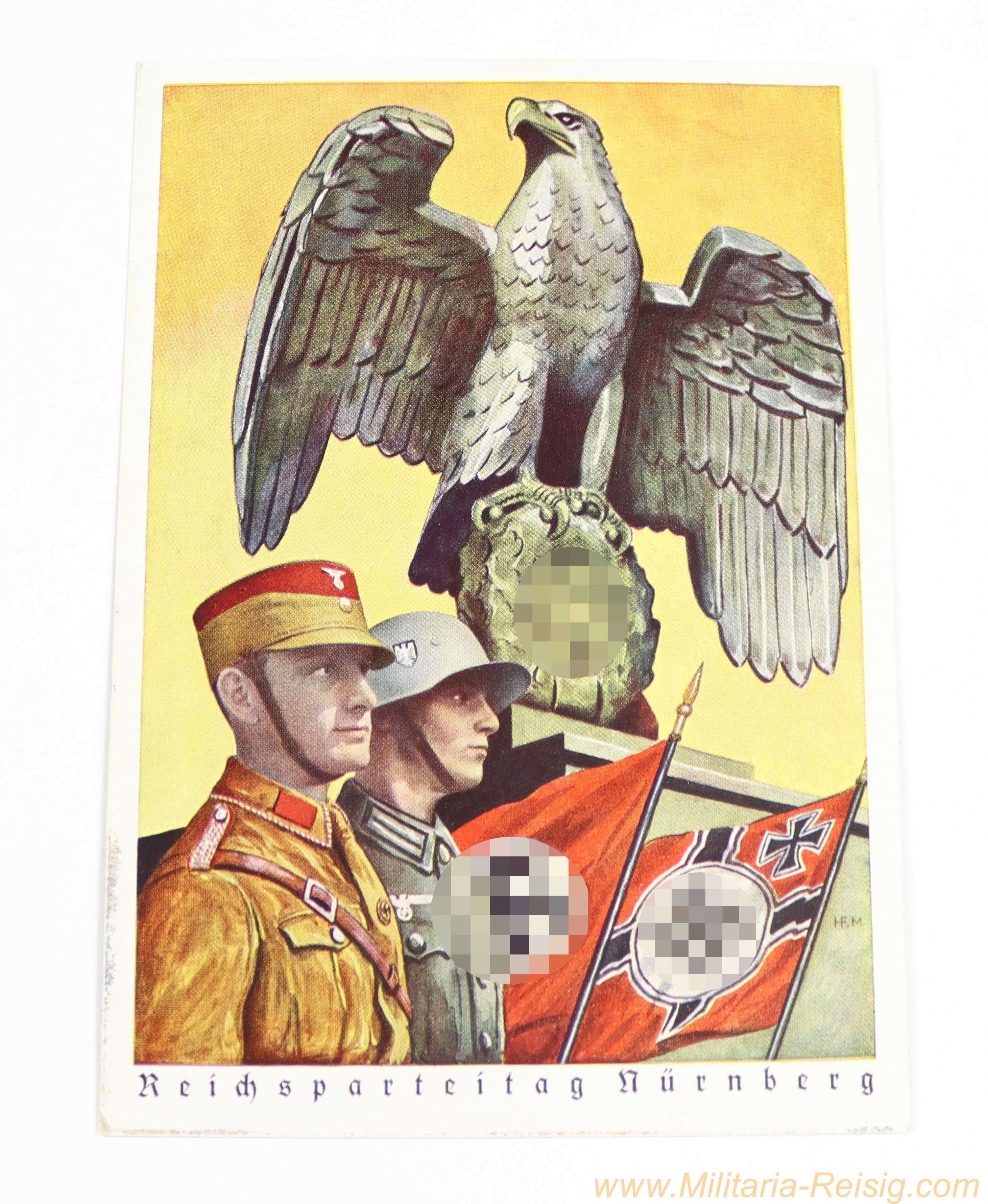 Postkarte "Reichsparteitag Nürnberg 1939" – Motiv "Soldaten vor Reichsadler und Fahnen"