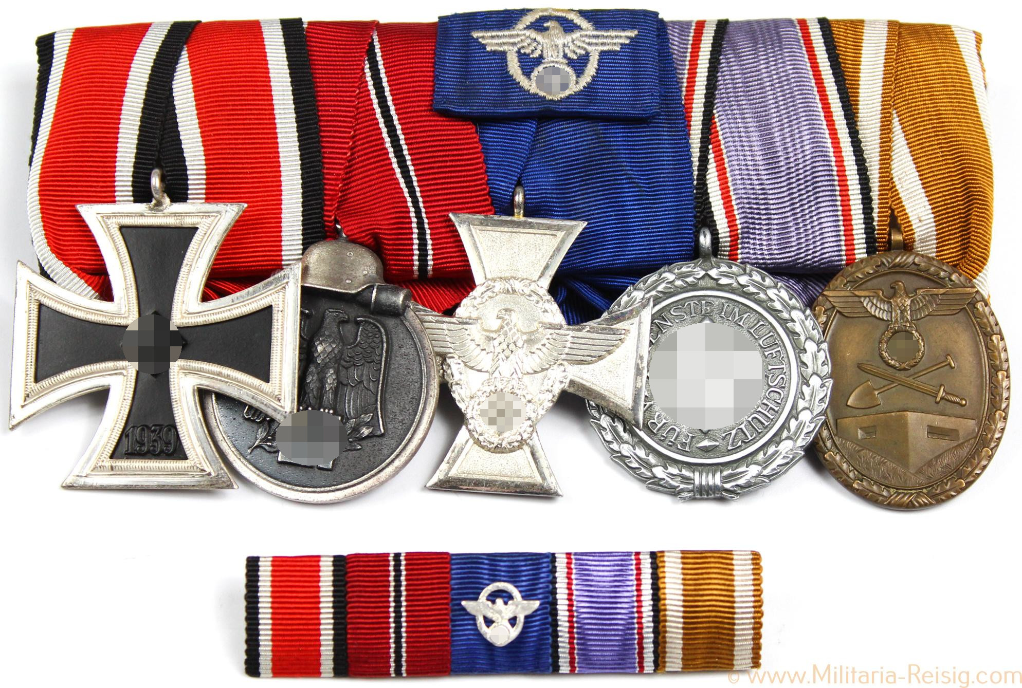 5er Ordensspange + Bandspange (EK2, Ostmedaille, Polizei DA, Luftschutz, Schutzwall)