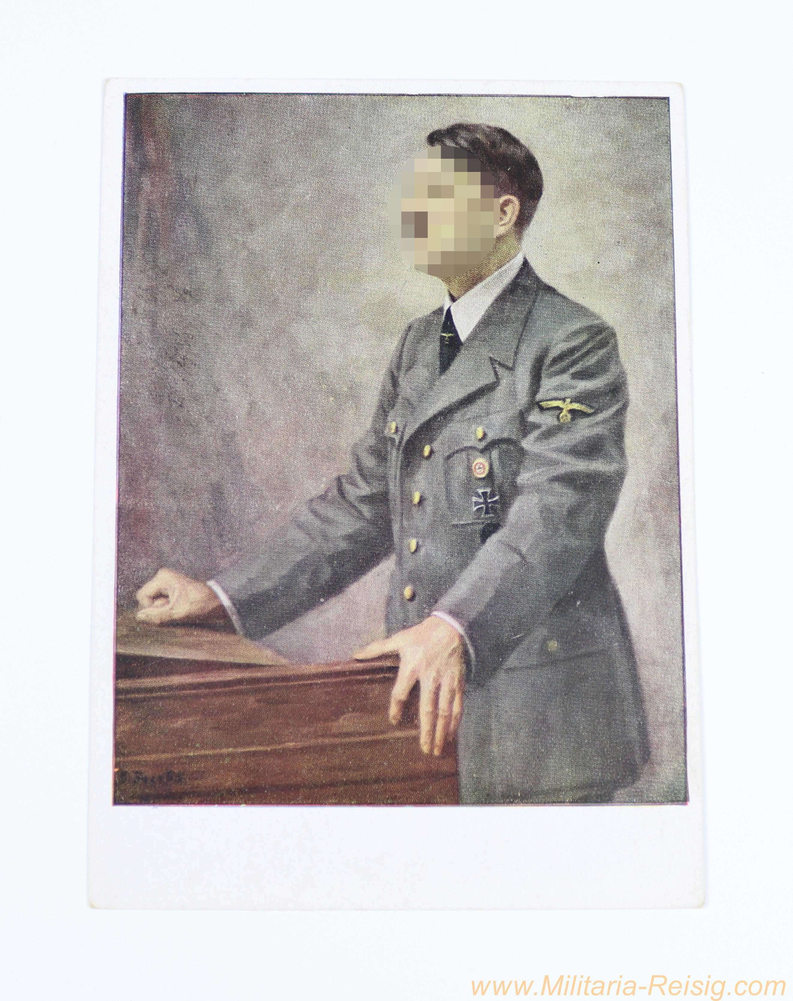 Farbige Propaganda-Postkarte "Der Führer spricht im Reichstag"