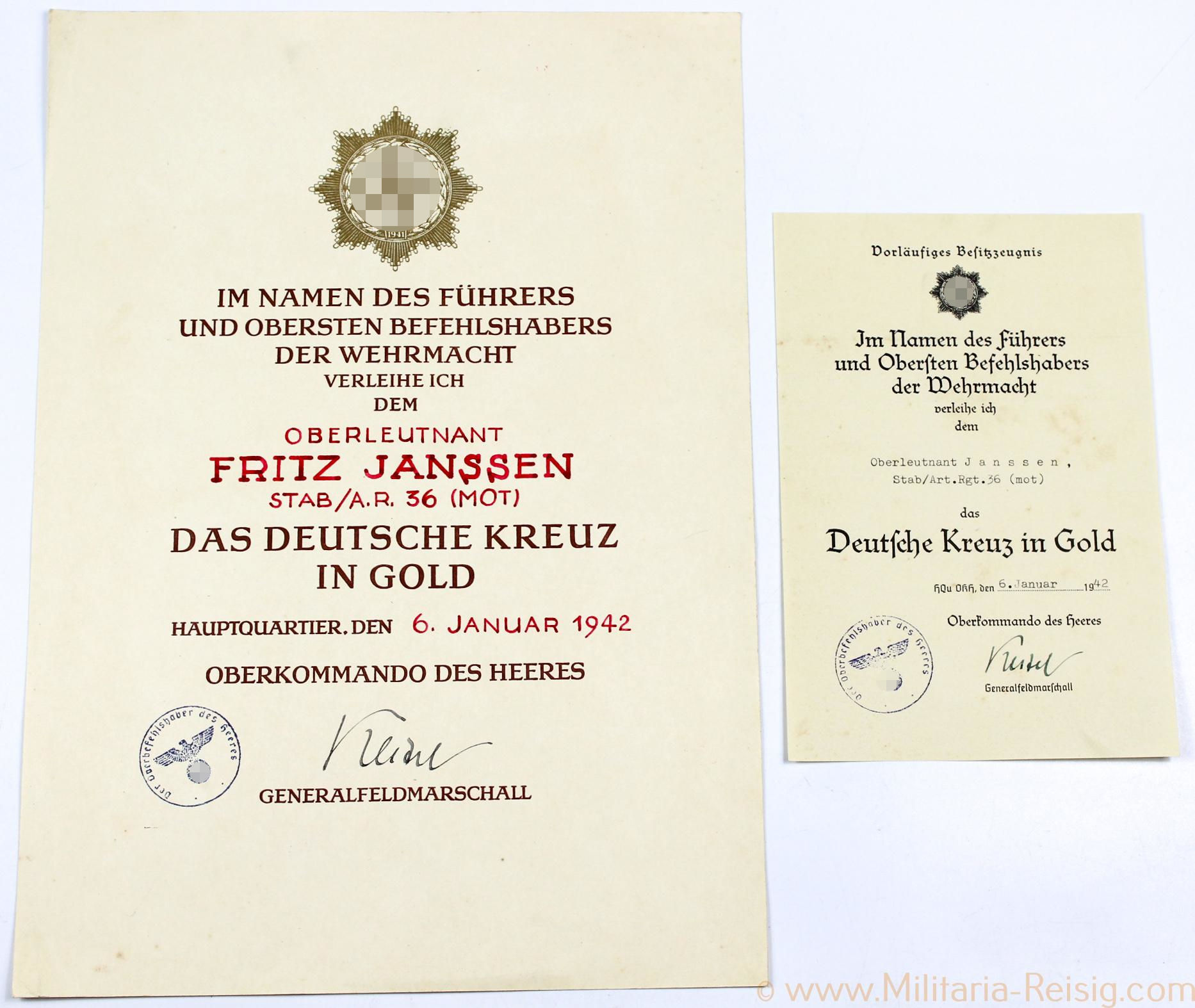 Große Urkunde und Vorläufiges Besitzzeugnis zum DKiG