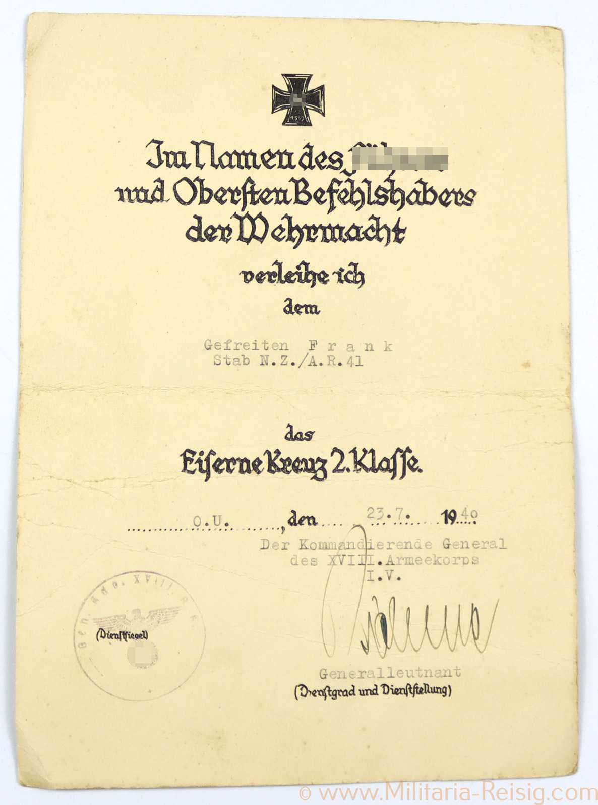 Verleihungsurkunde Eisernes Kreuz 2. Klasse