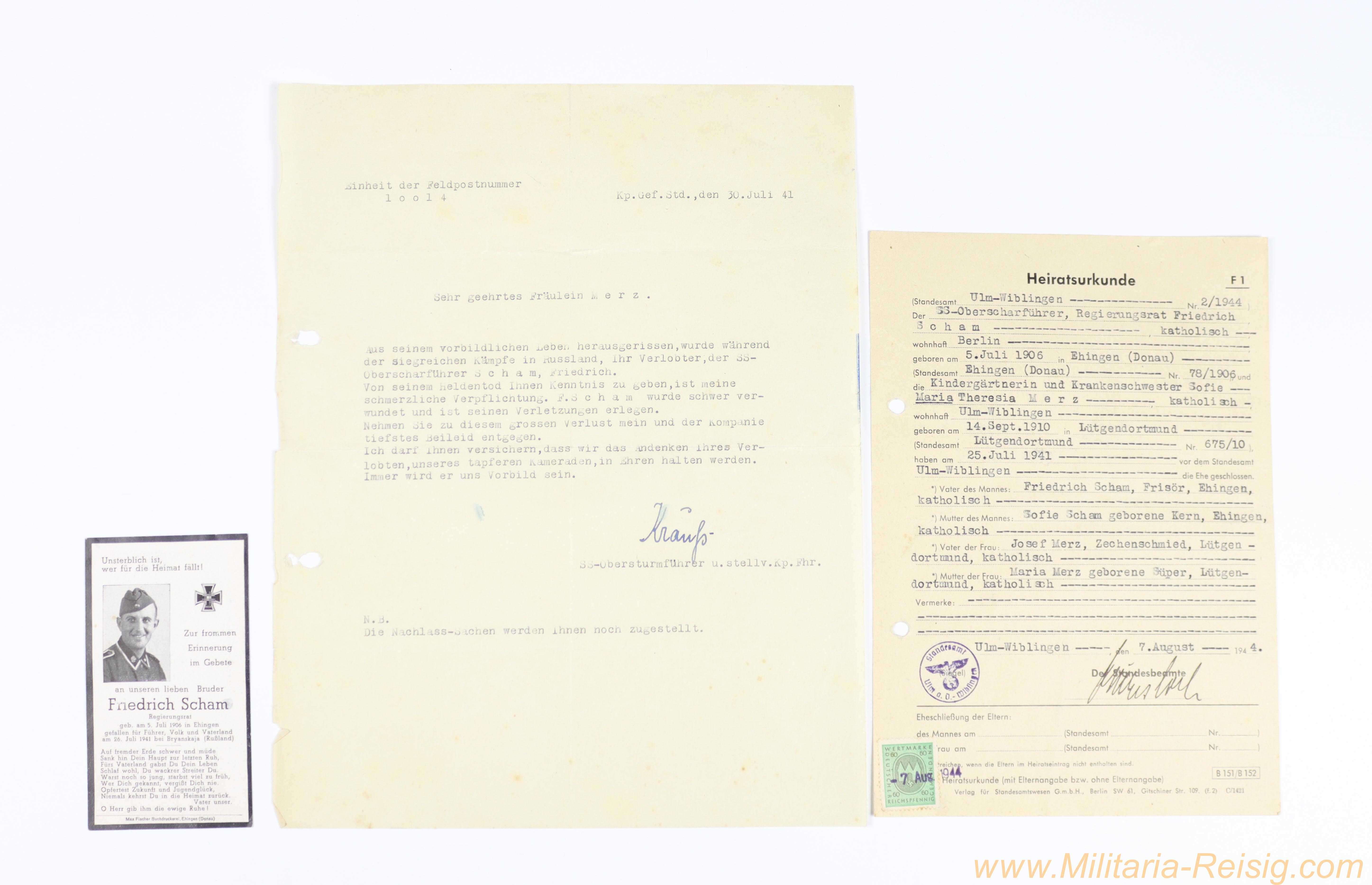 Papiernachlass eines gefallenen SS-Angehörigen - Friedrich Scham, Russland 1941