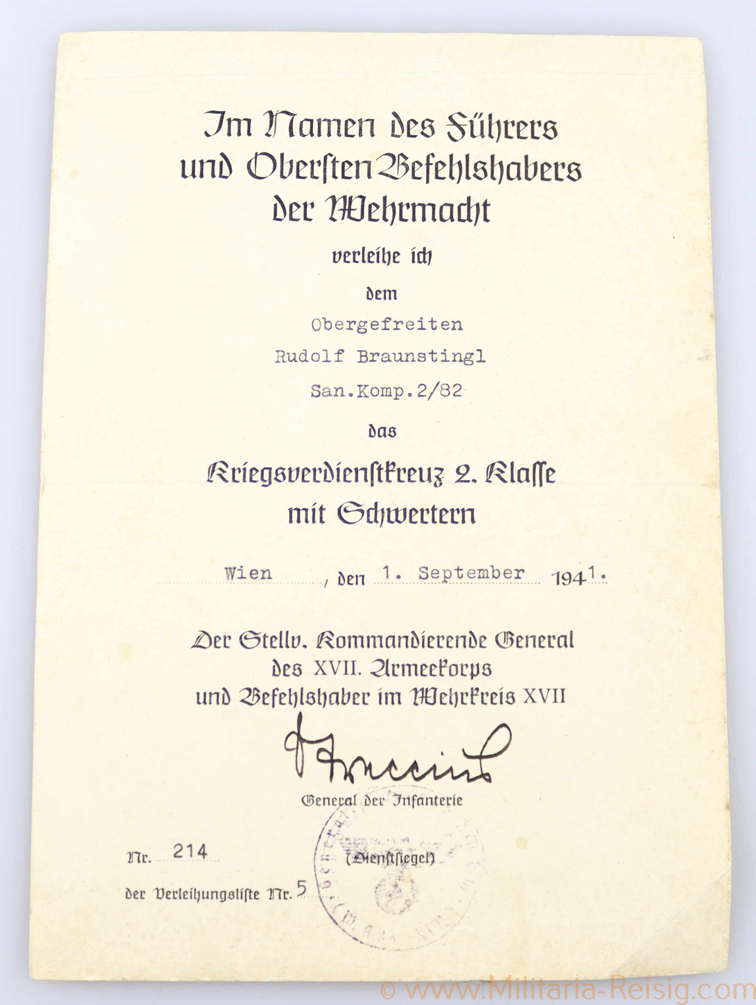 Verleihungsurkunde Kriegsverdienstkreuz 2. Klasse mit Schwertern