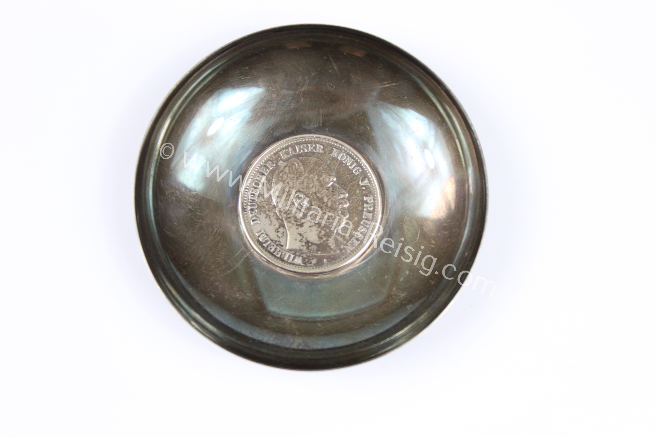Gedenkschale mit Münze, 5 Mark Preussen 1876 A in Silber, Herst. Hemmerle München
