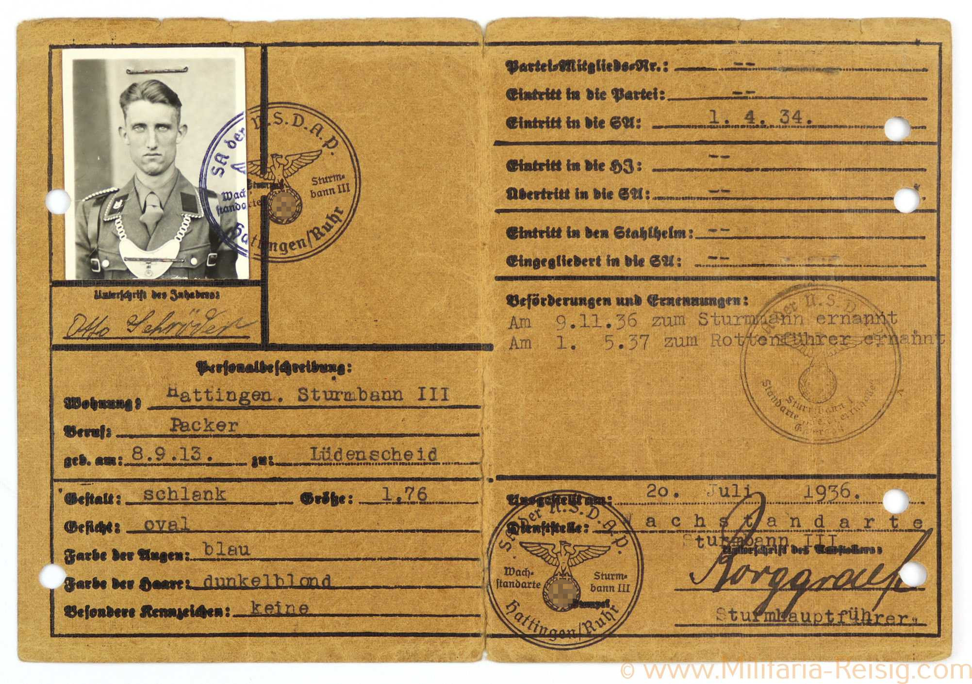 SA-Ausweis eines Rottenführers, Wachstandarte