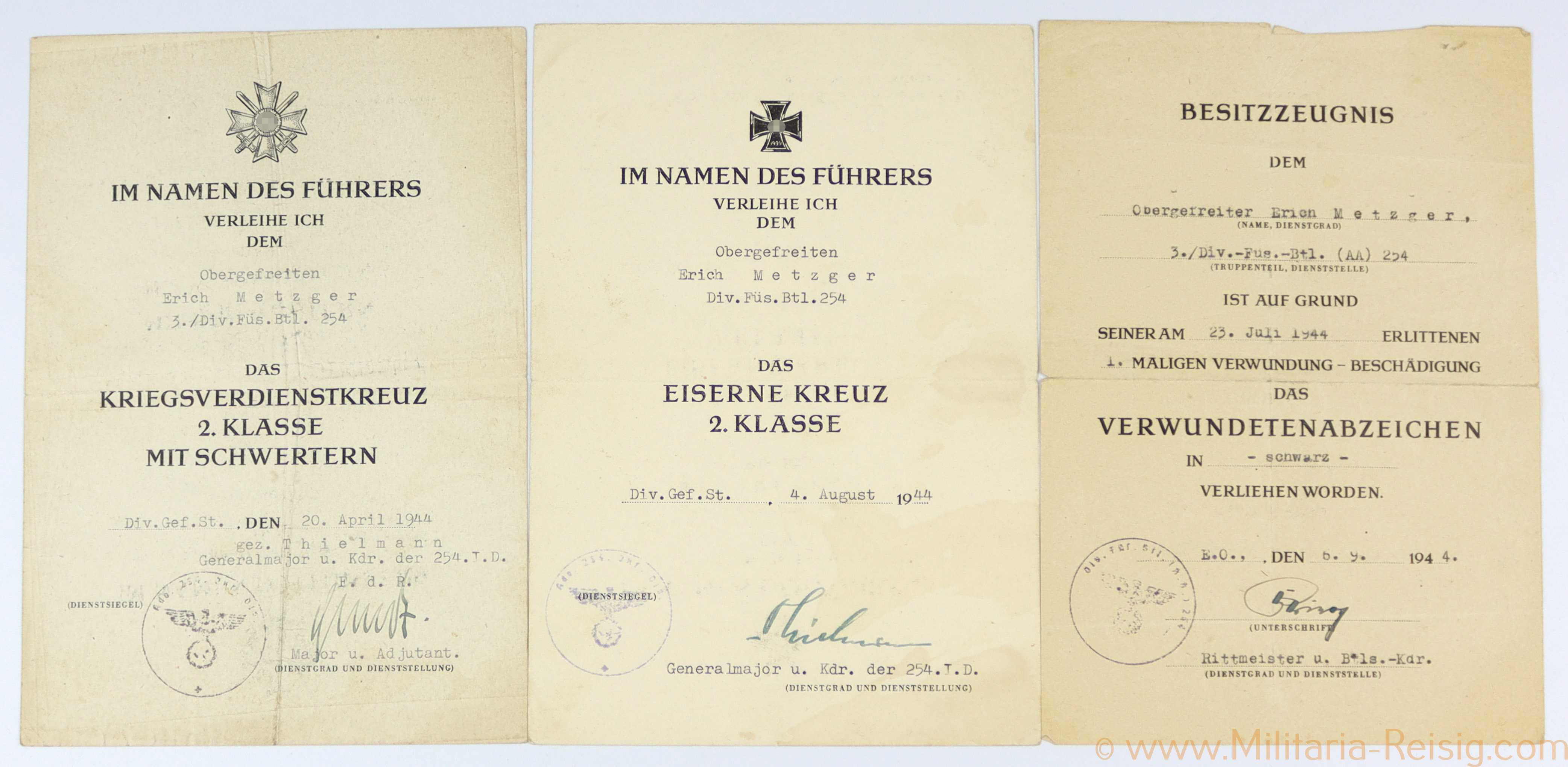 Wehrmacht Dokumentengruppe / Verleihungsurkunden, 3./Div.-Füs.-Btl. 254