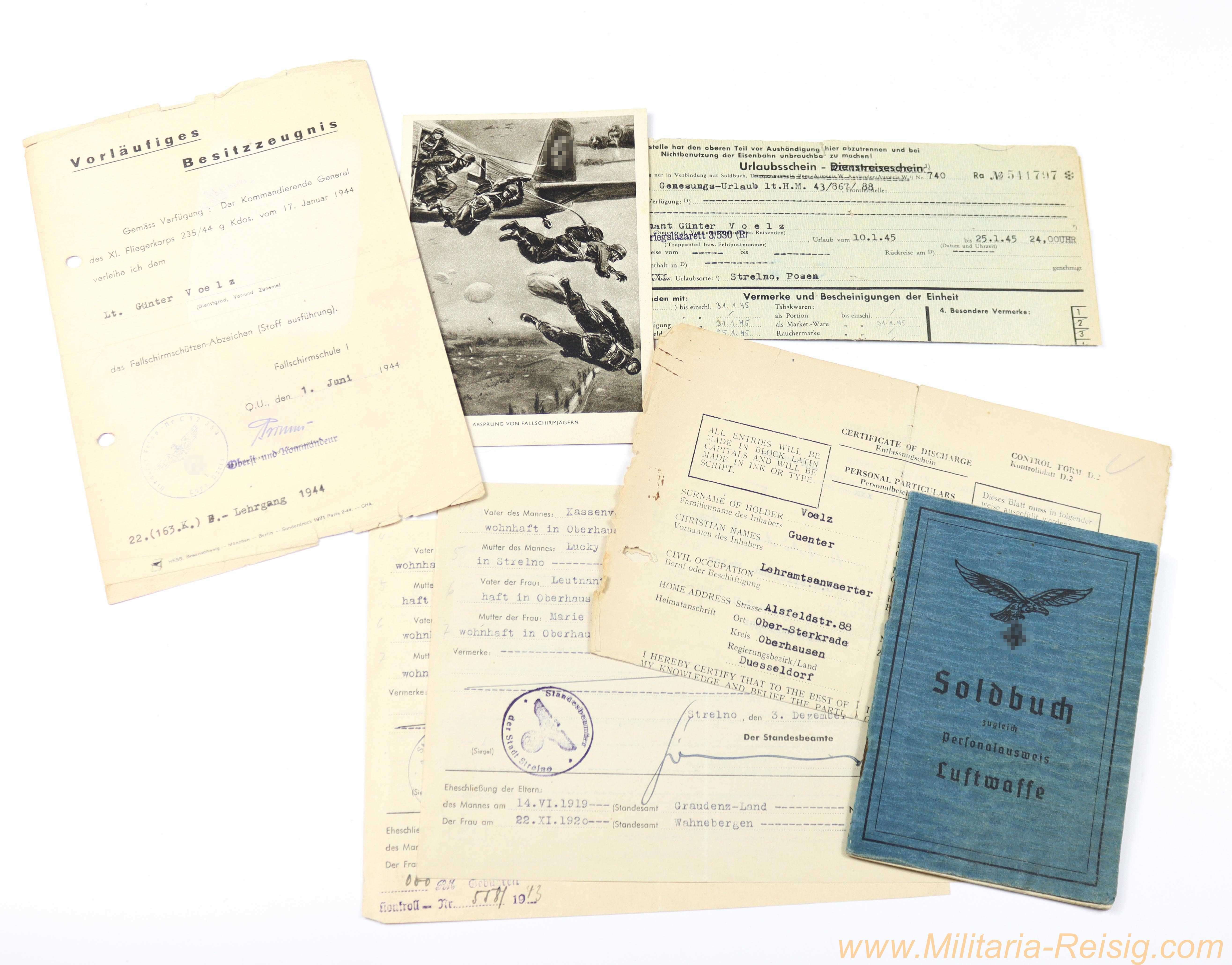 Kleiner Luftwaffen-Fallschirmjäger Dokumentennachlass Leutnant Günter Voelz – 1943–1945