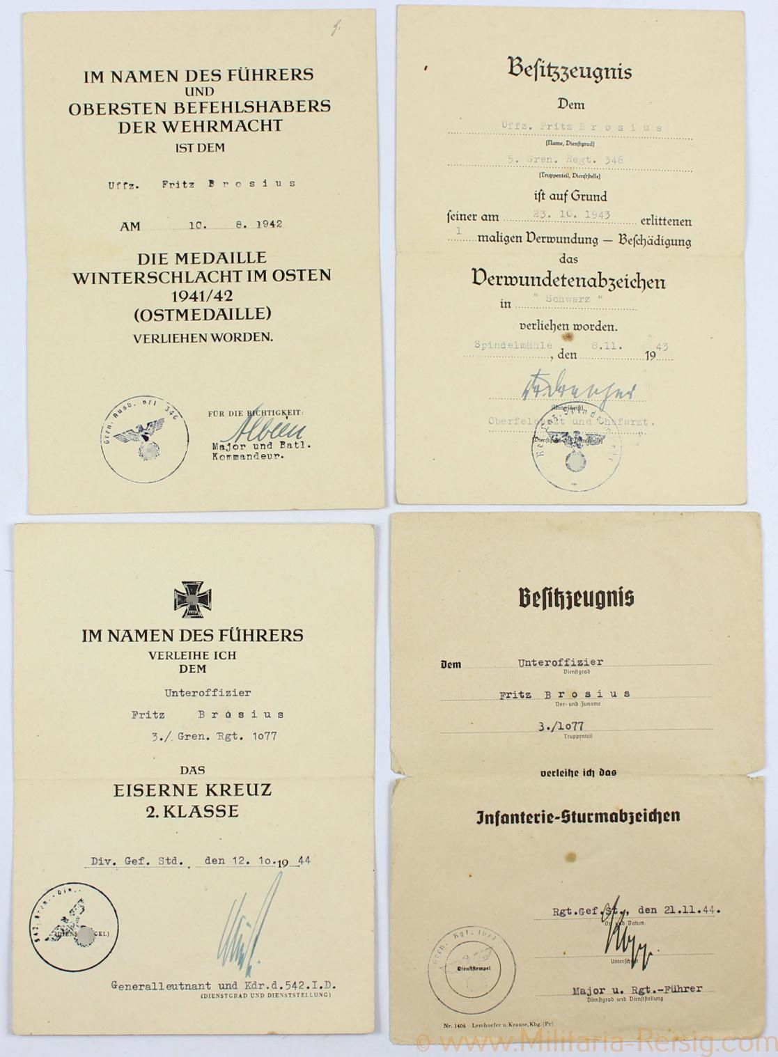 Urkundengruppe des Unteroffiziers Fritz Brosius