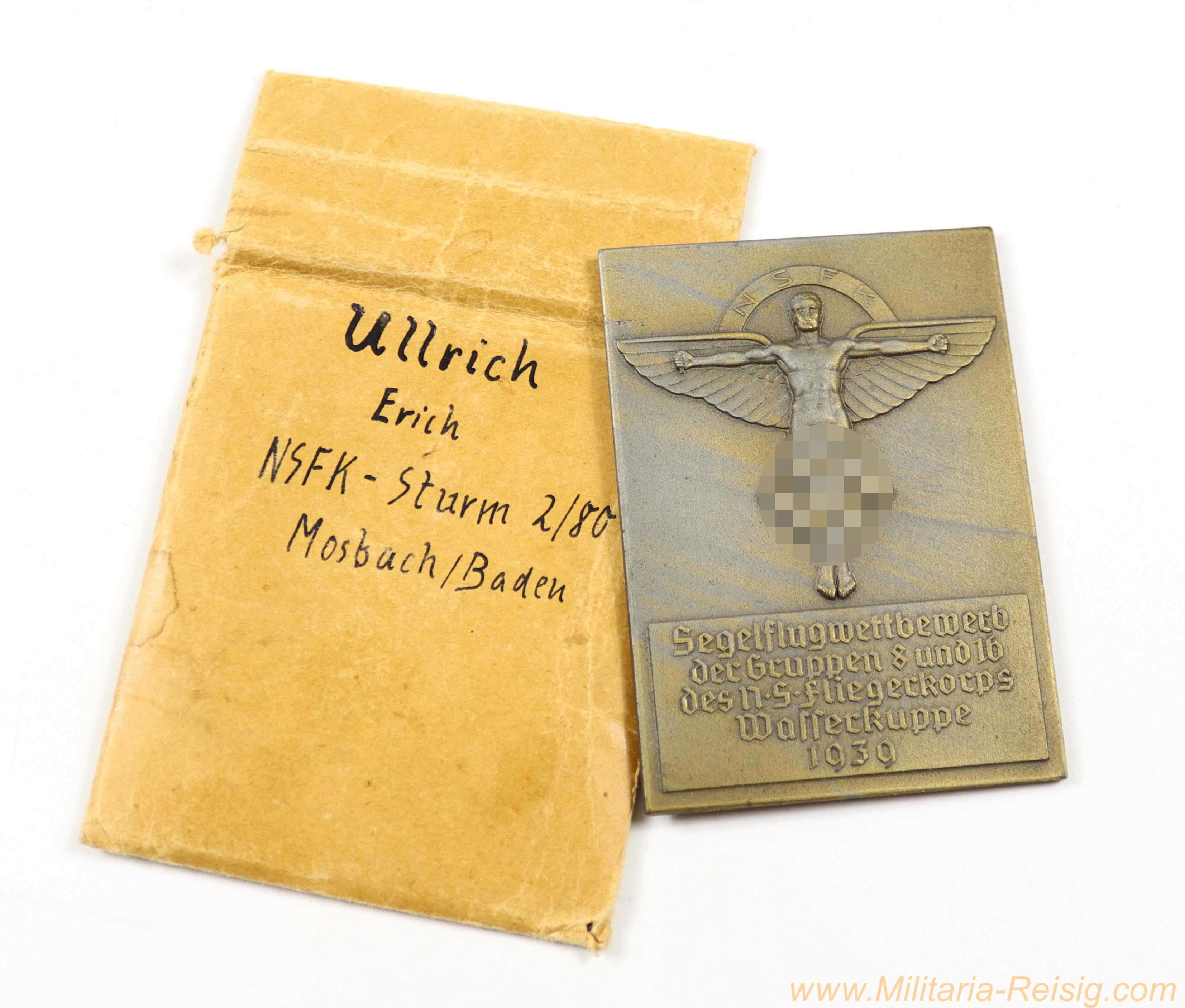 NSFK-Plakette "Segelflugwettbewerb Wasserkuppe 1939", in originaler Tüte mit Zuordnung Erich Ullrich
