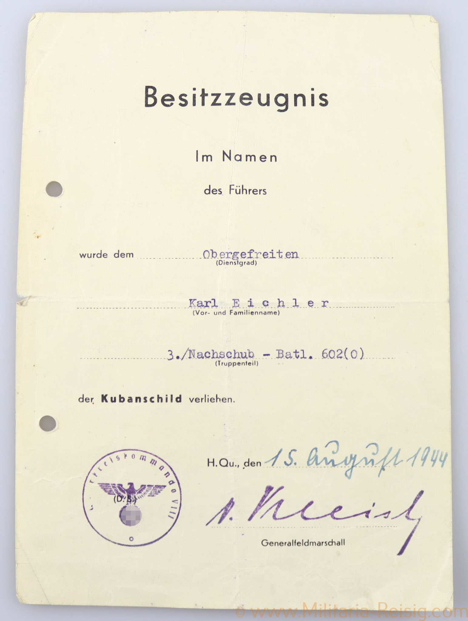 Besitzzeugnis Krimschild 