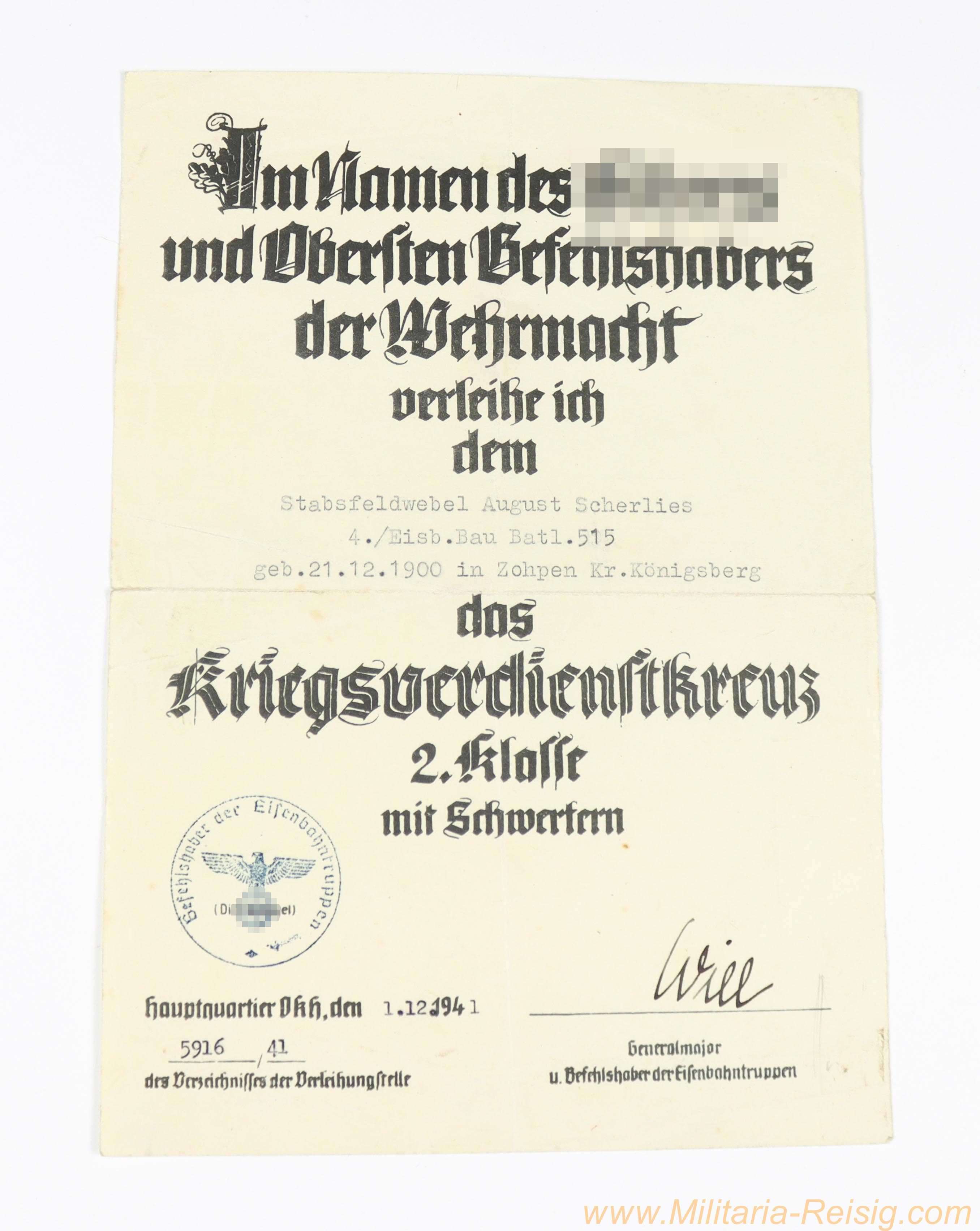 Urkunde "Kriegsverdienstkreuz 2. Klasse mit Schwertern" – Stabsfeldwebel August Scherlies – Eisb. Bau Batl. 515