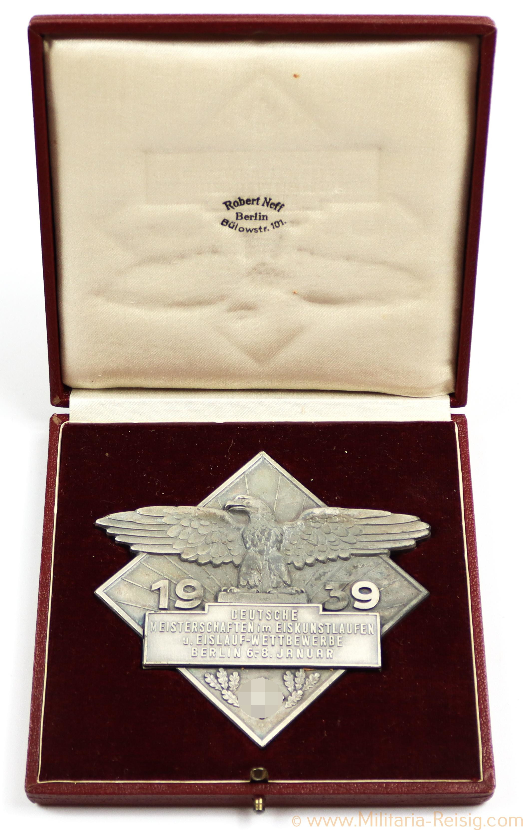 Sieger Plakette für Eiskunstlaufen 1939 im Etui, Herst. Robert Neff, Berlin