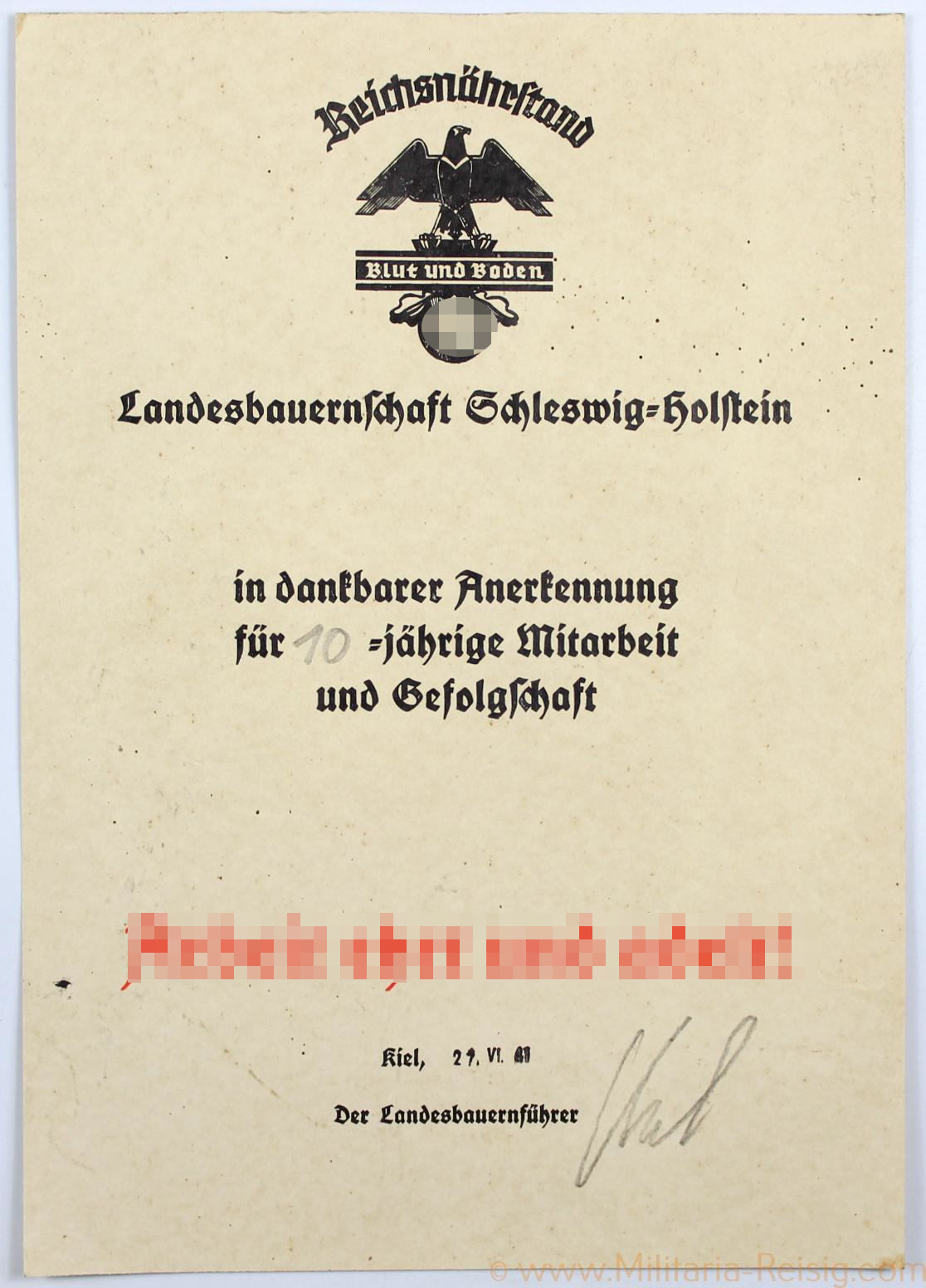 Anerkennungsurkunde für 10 jährige Mitarbeit, Reichsnäherstand