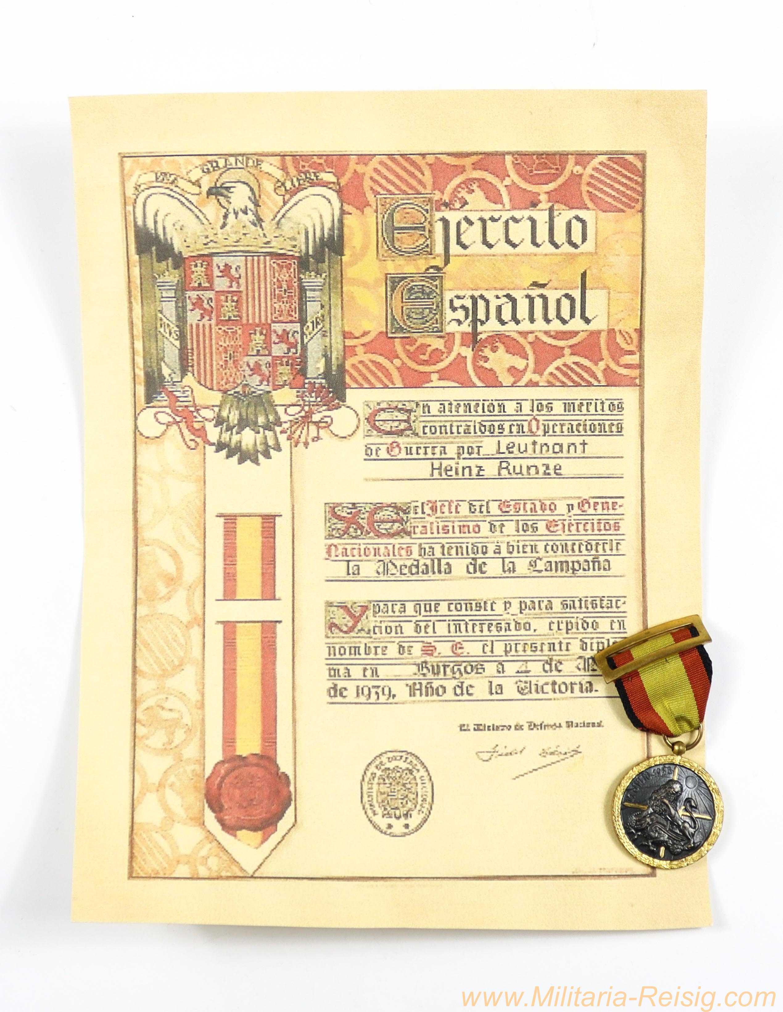 Spanien – Erinnerungsmedaille an den Bürgerkrieg 1936–1939 mit Urkunde (Heinz Runze)