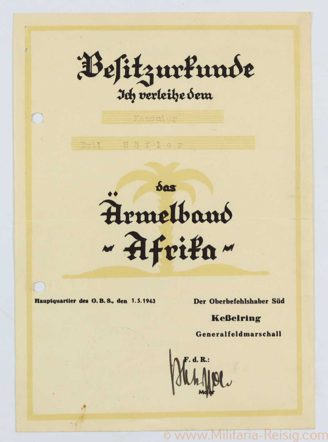 Besitzurkunde für das Ärmelband Afrika