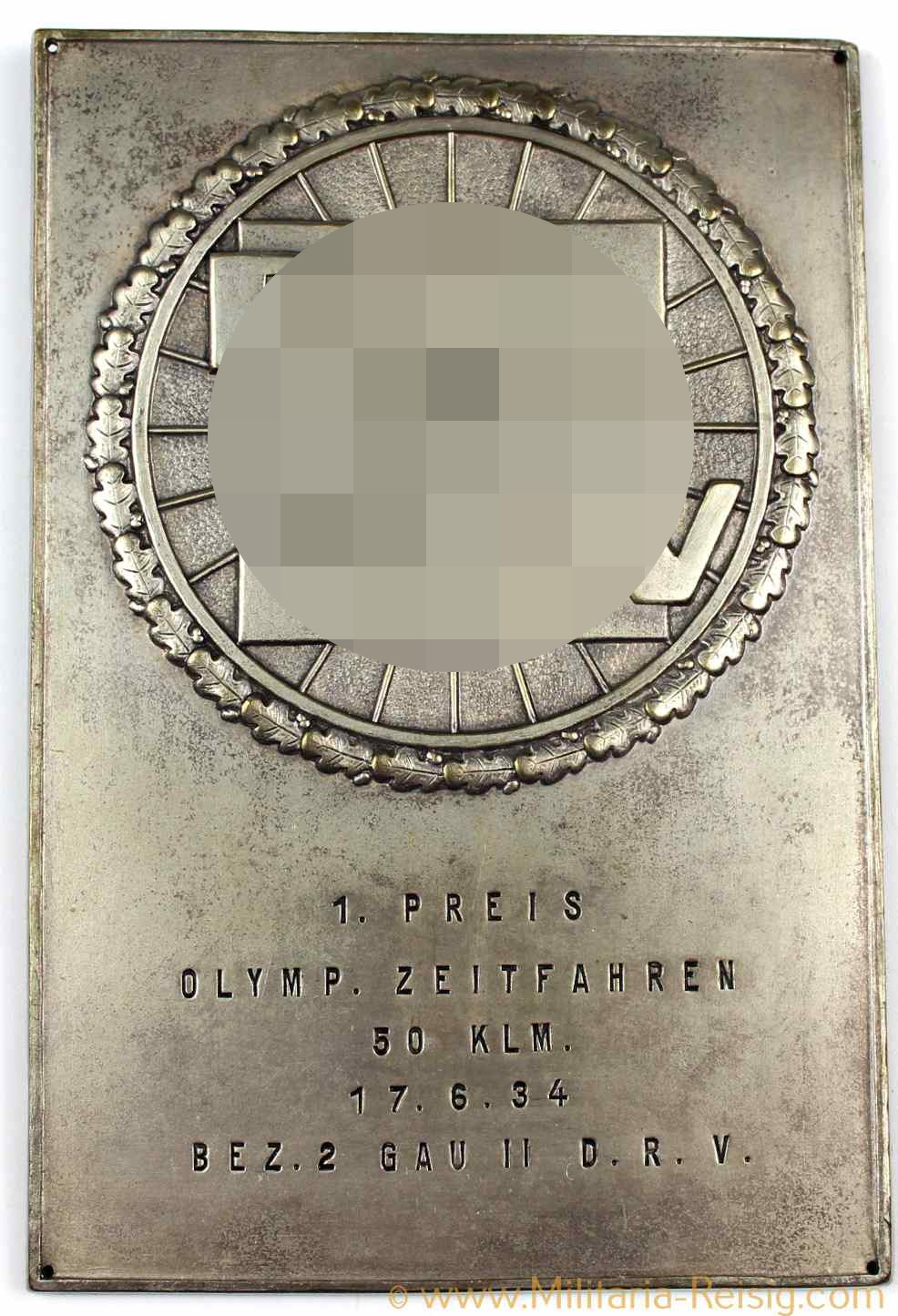 Plakette DRV "1. Preis Olymp. Zeitfahren 50 Klm. 1934"