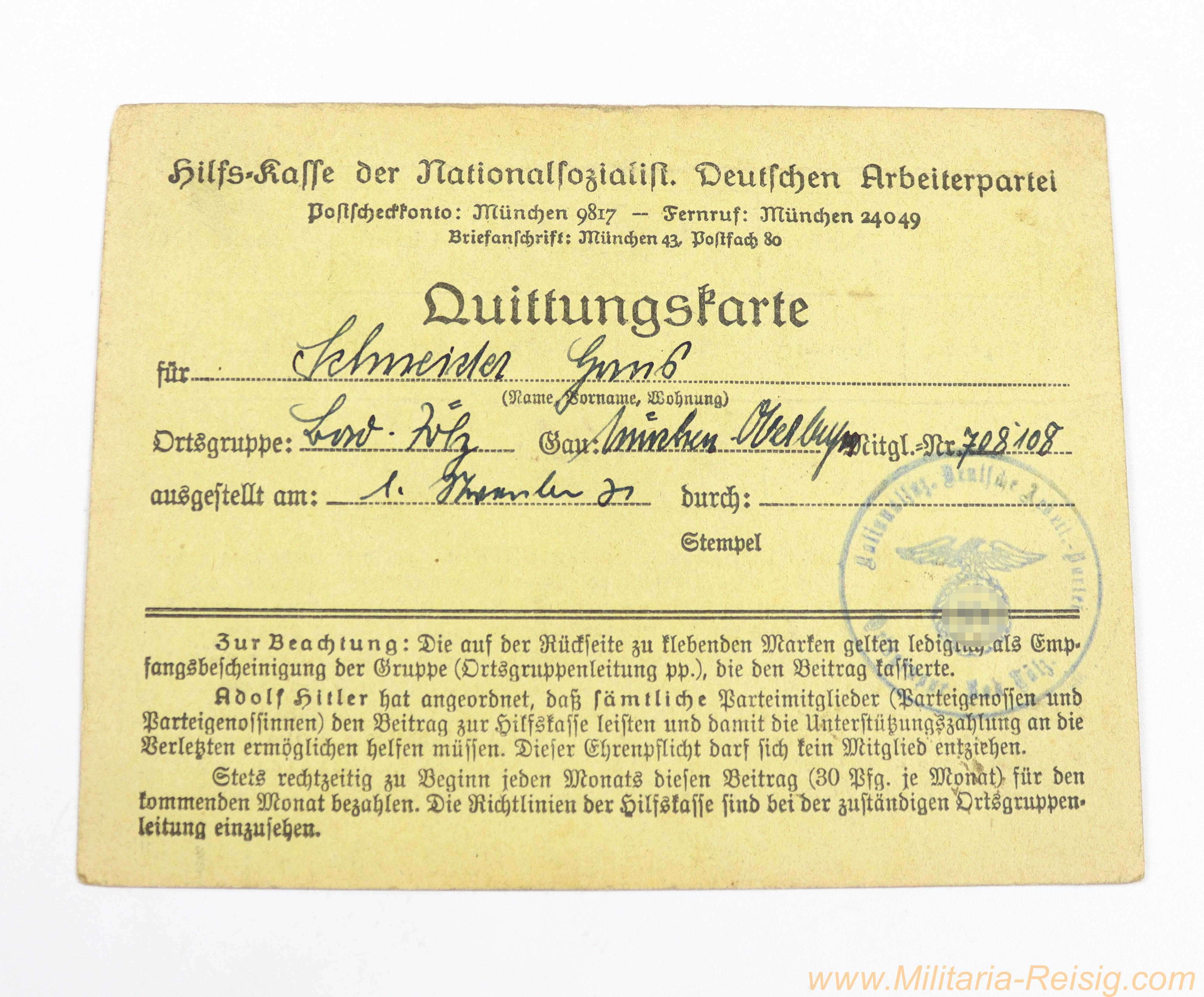 Hilfskasse der NSDAP – Quittungskarte mit Beitragsmarken