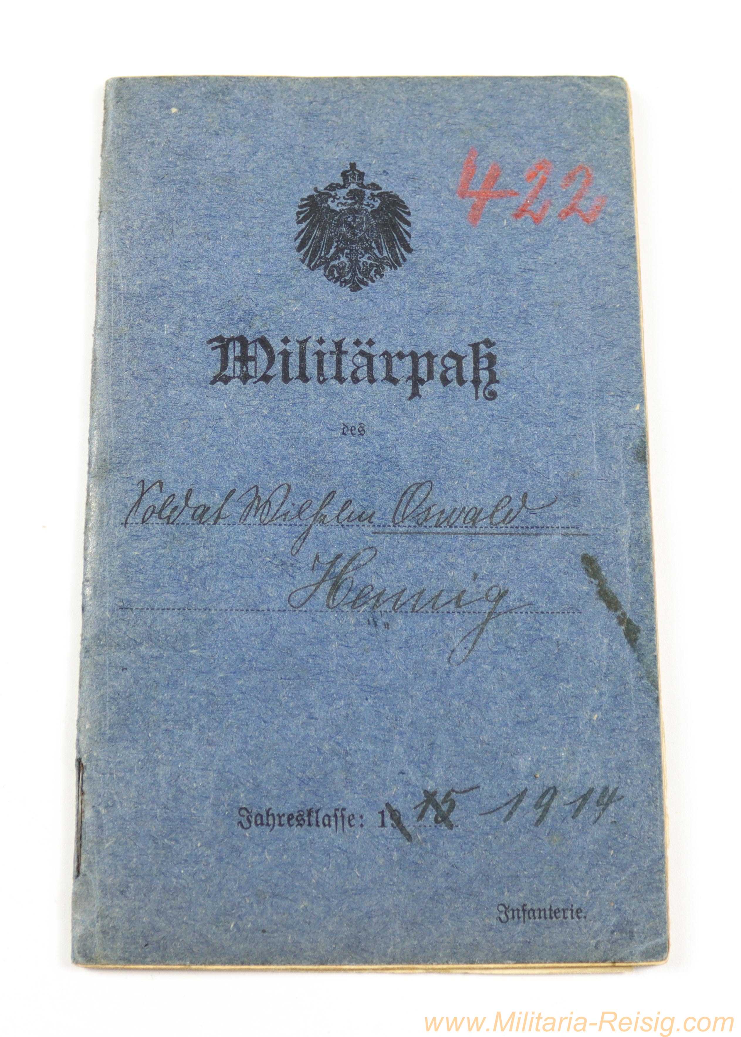 Militärpass 1. Weltkrieg, Soldat Wilhelm Oswald Hennig, Kgl. Sächs. Infanterie-Regiment Nr. 102, mit EK II, Friedrich-August-Medaille und Verwundetenabzeichen