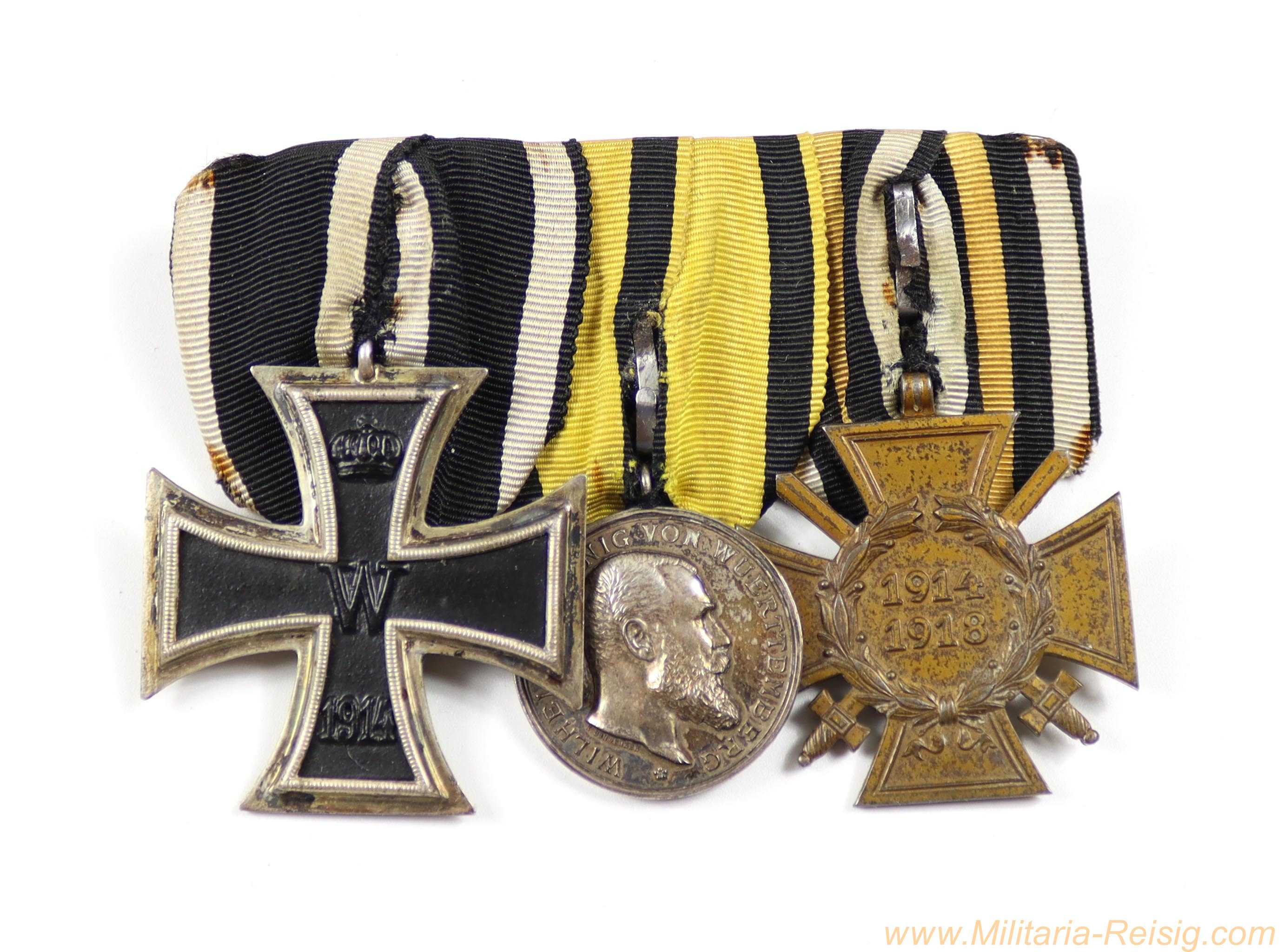 3er Ordensspange – EK2 1914 / Württemberg Silberne Militärverdienstmedaille 1892 / Frontkämpfer-Ehrenkreuz