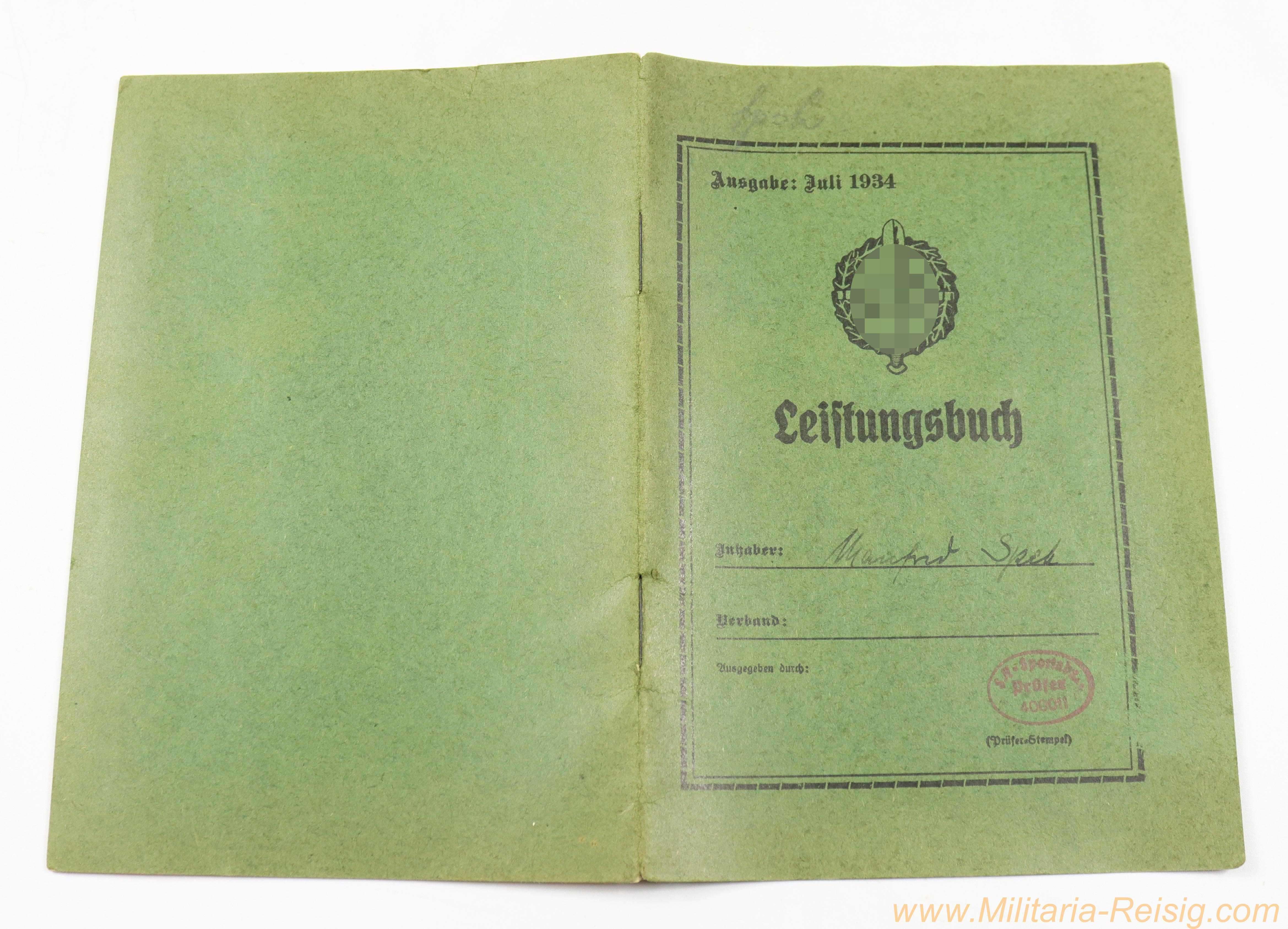SA-Sportabzeichen Leistungsbuch mit Lichtbild und Einträgen – Ausgabe Juli 1934
