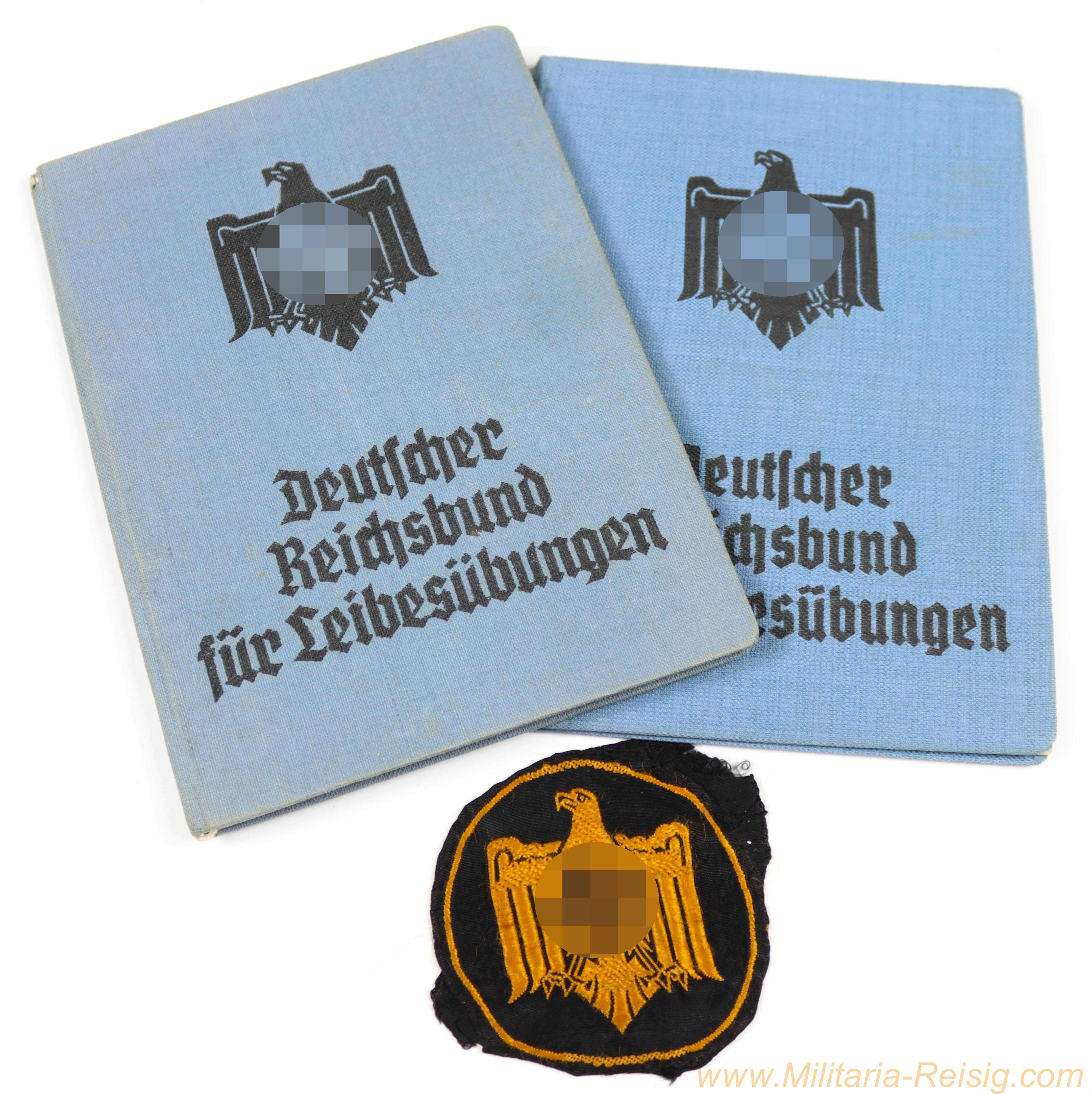 2 Ausweise "Deutscher Reichsbund für Leibesübungen" mit Stoffabzeichen