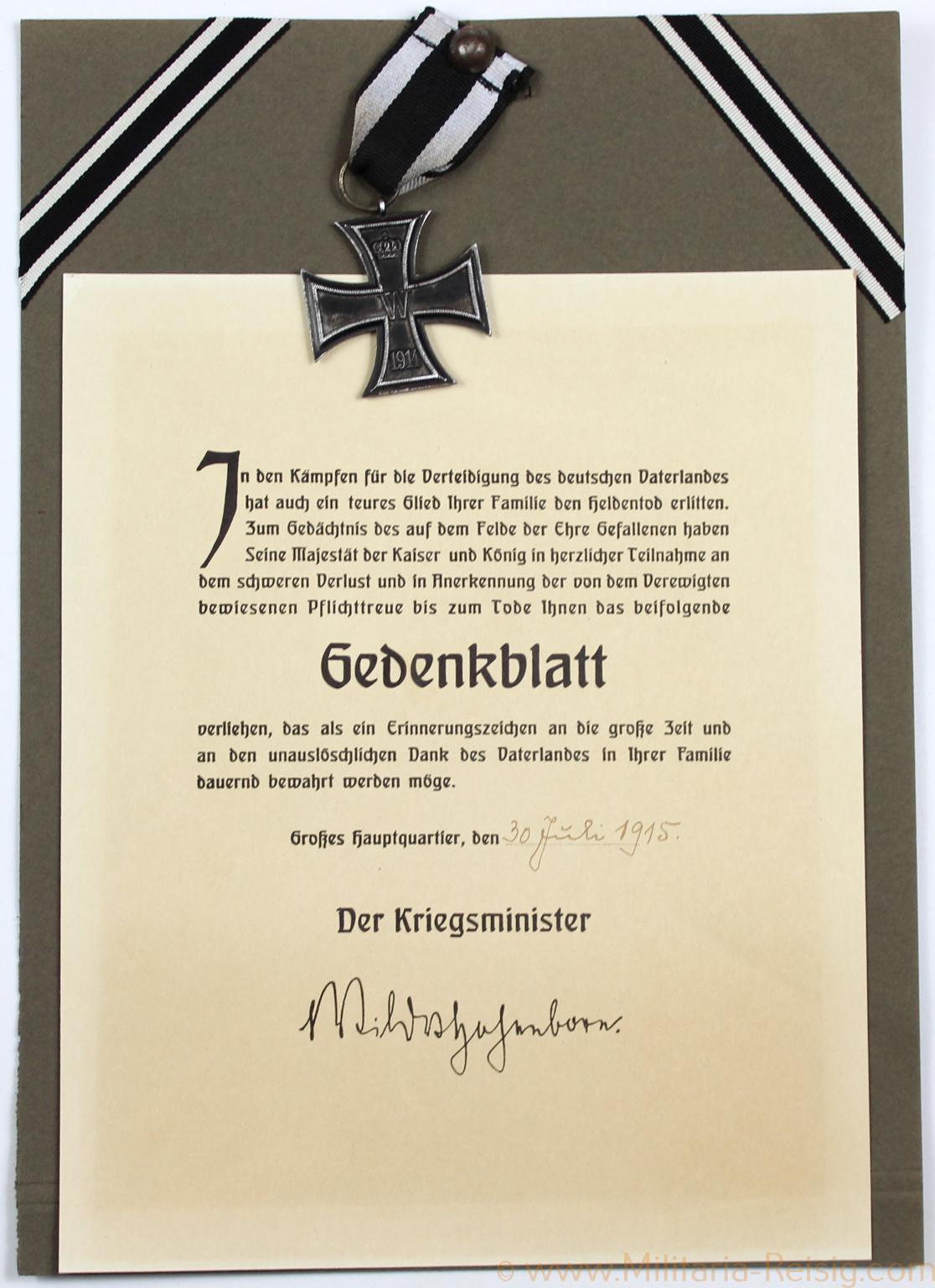 Eisernes Kreuz 2. Klasse 1914 mit Gedenkblatt