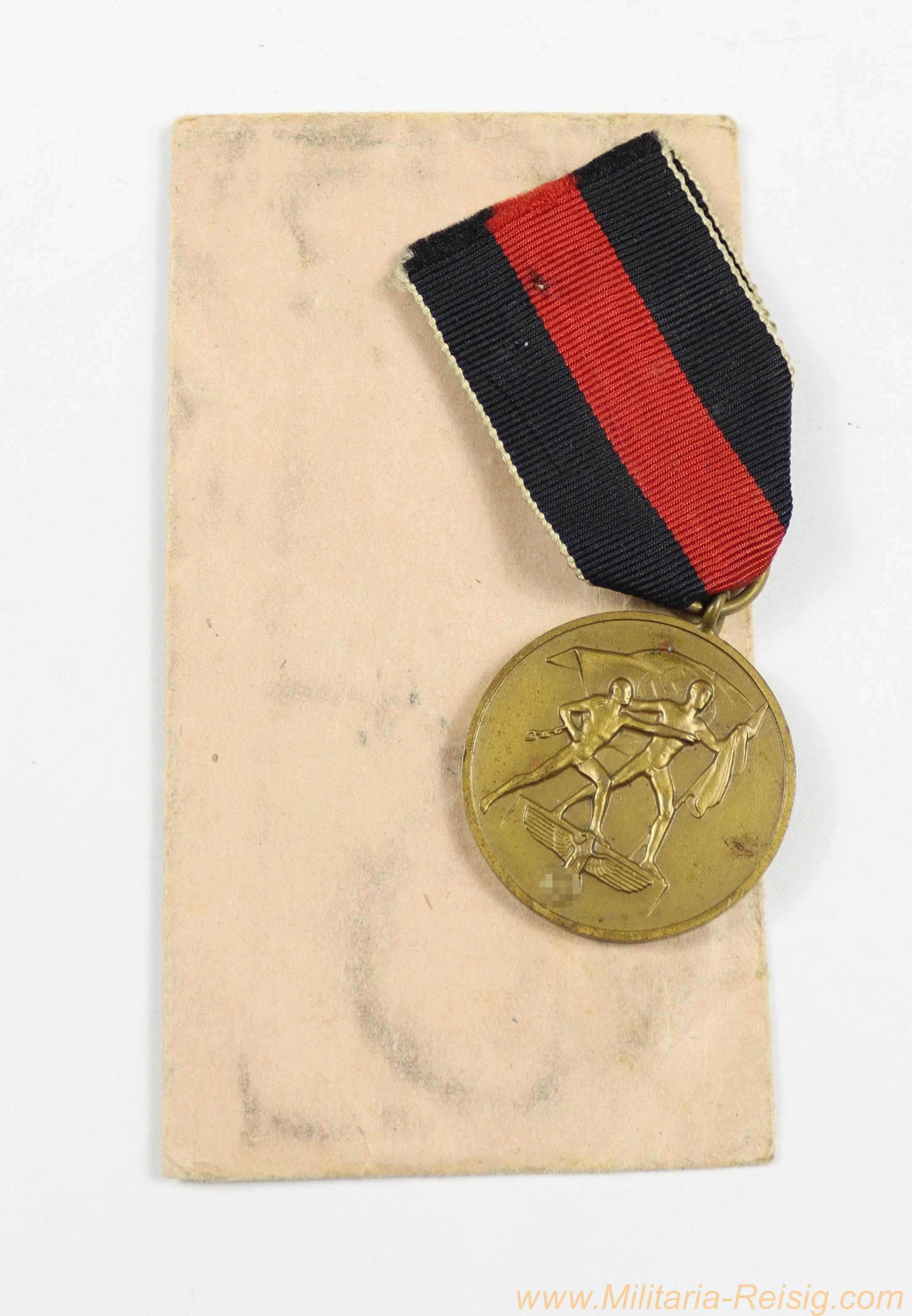 Medaille zur Erinnerung an den 1. Oktober 1938 mit Verleihungstüte, Hersteller Katz & Deyhle Pforzheim
