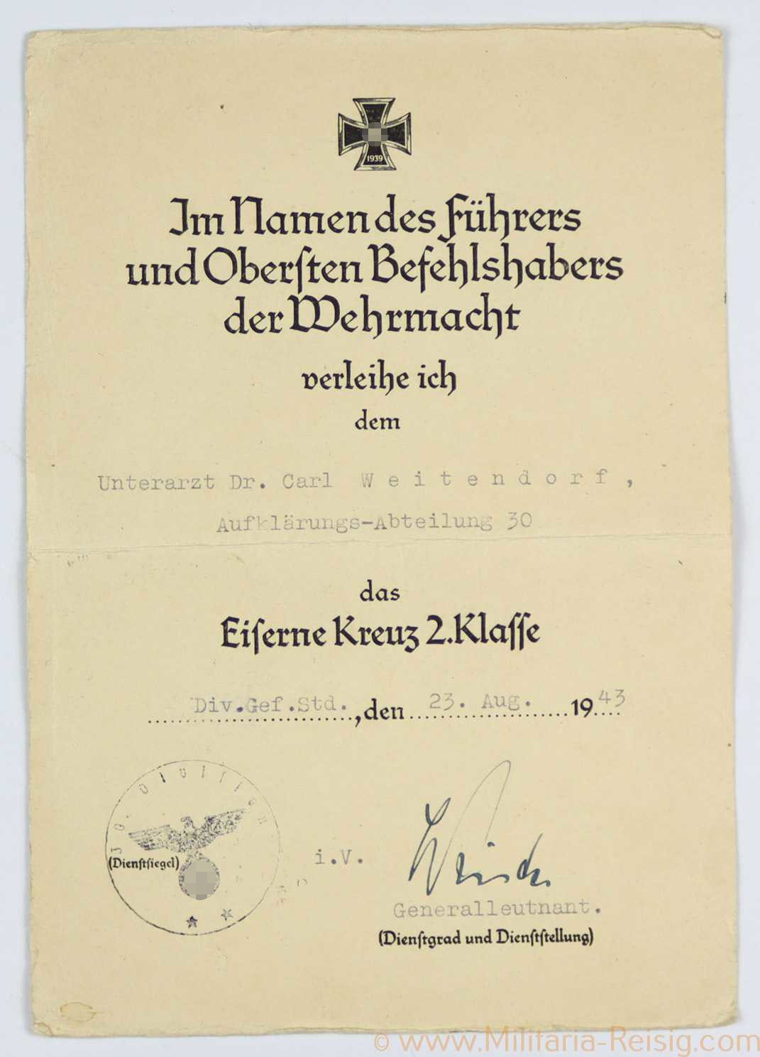 Verleihungsurkunden zum Eisernen Kreuz 2. Klasse 1939