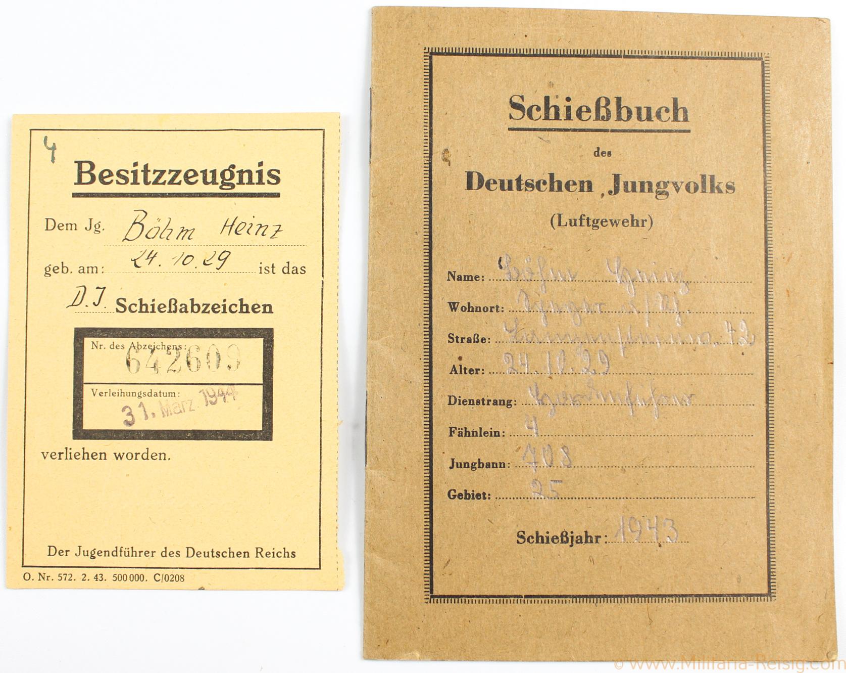 DJ Schießbuch + Besitzzeugnis für das DJ Schießabzeichen, Bann Speyer