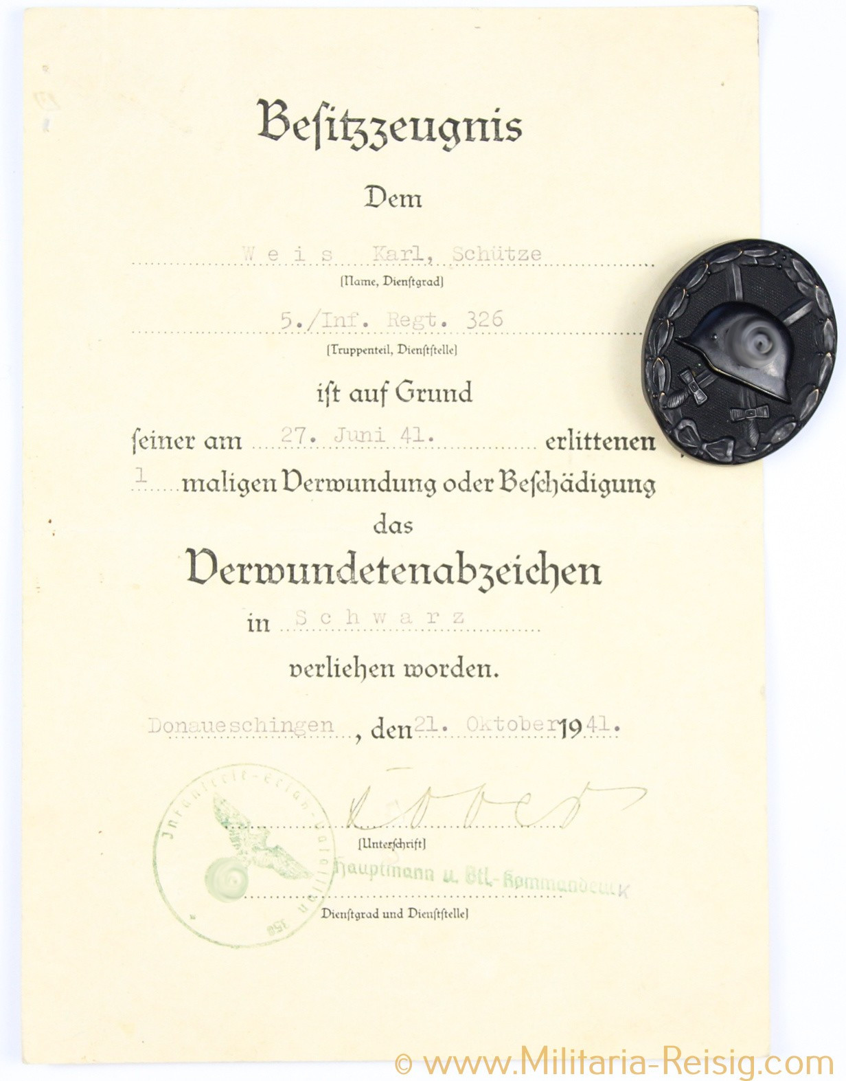 Verwundetenabzeichen in Schwarz 2. Form 1939 + Verleihungsurkunde
