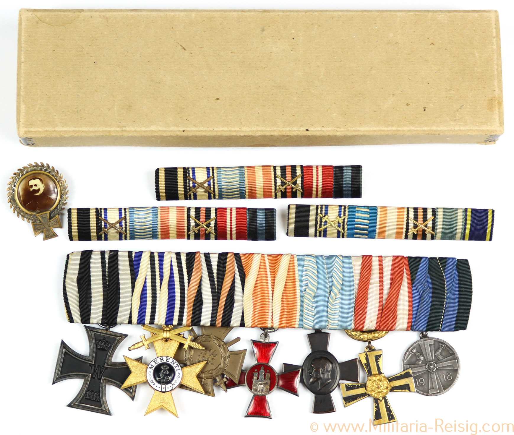 7er Ordensspange in Schachtel (Deutsche Staaten, 1. WK u. Finnischer Freiheitskampf)