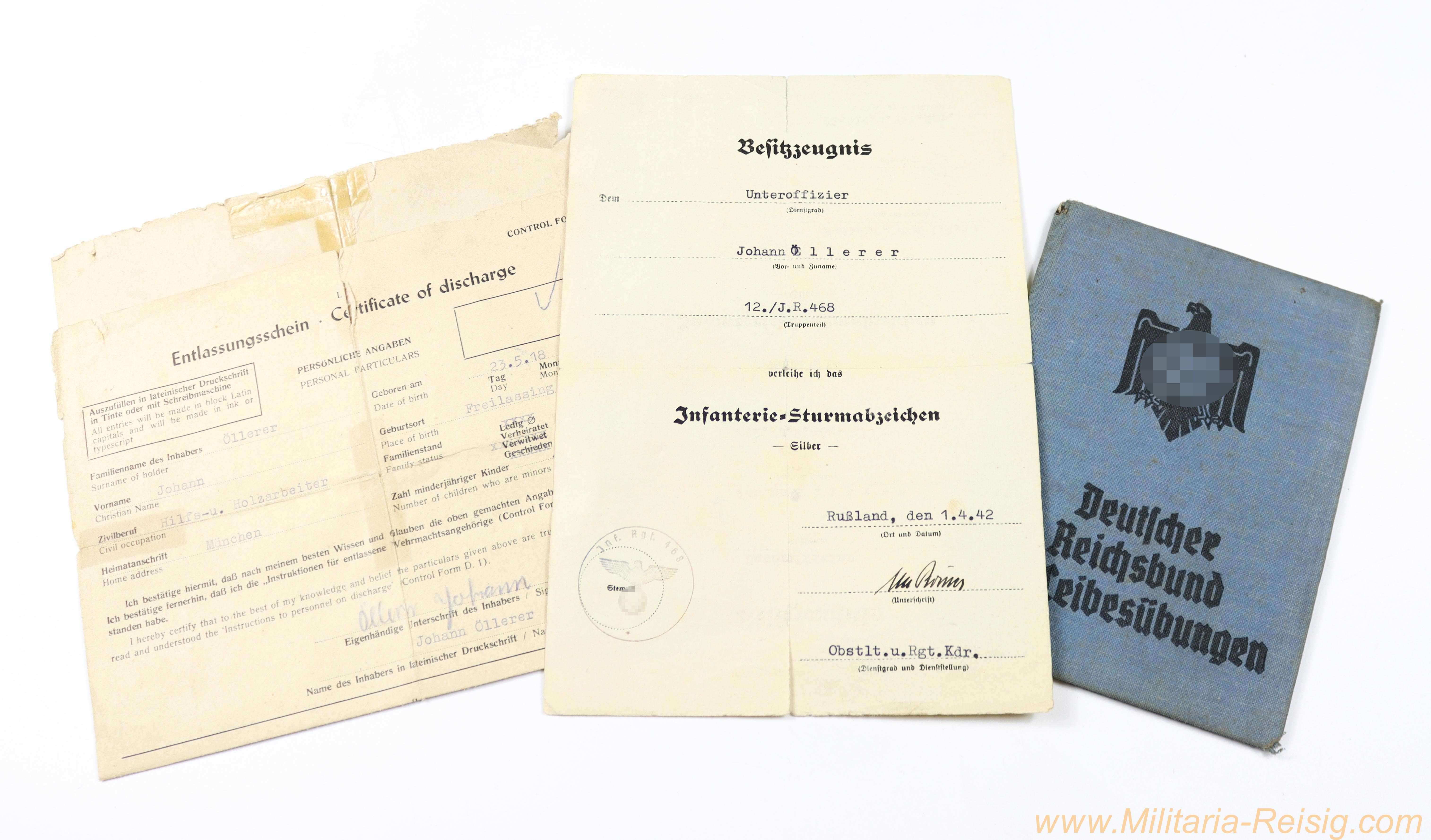 Kleine Dokumentengruppe Unteroffizier Johann Öllerer – Infanterie-Sturmabzeichen in Silber / DRL-Ausweis