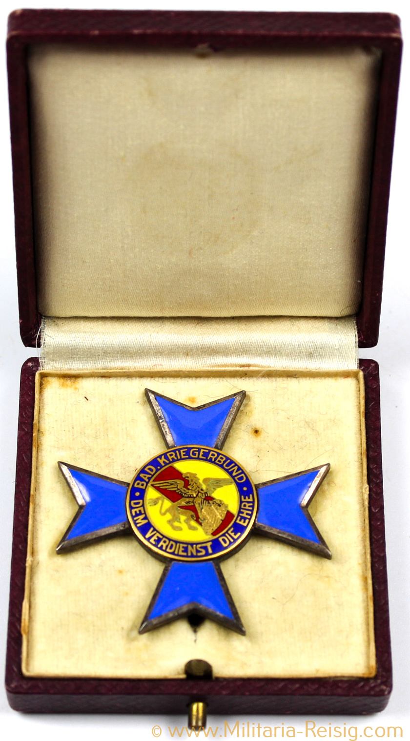 Ehrenkreuz des Badischen Kriegerbundes 2. Klasse im Etui, Hersteller B.H. Mayer, Pforzheim