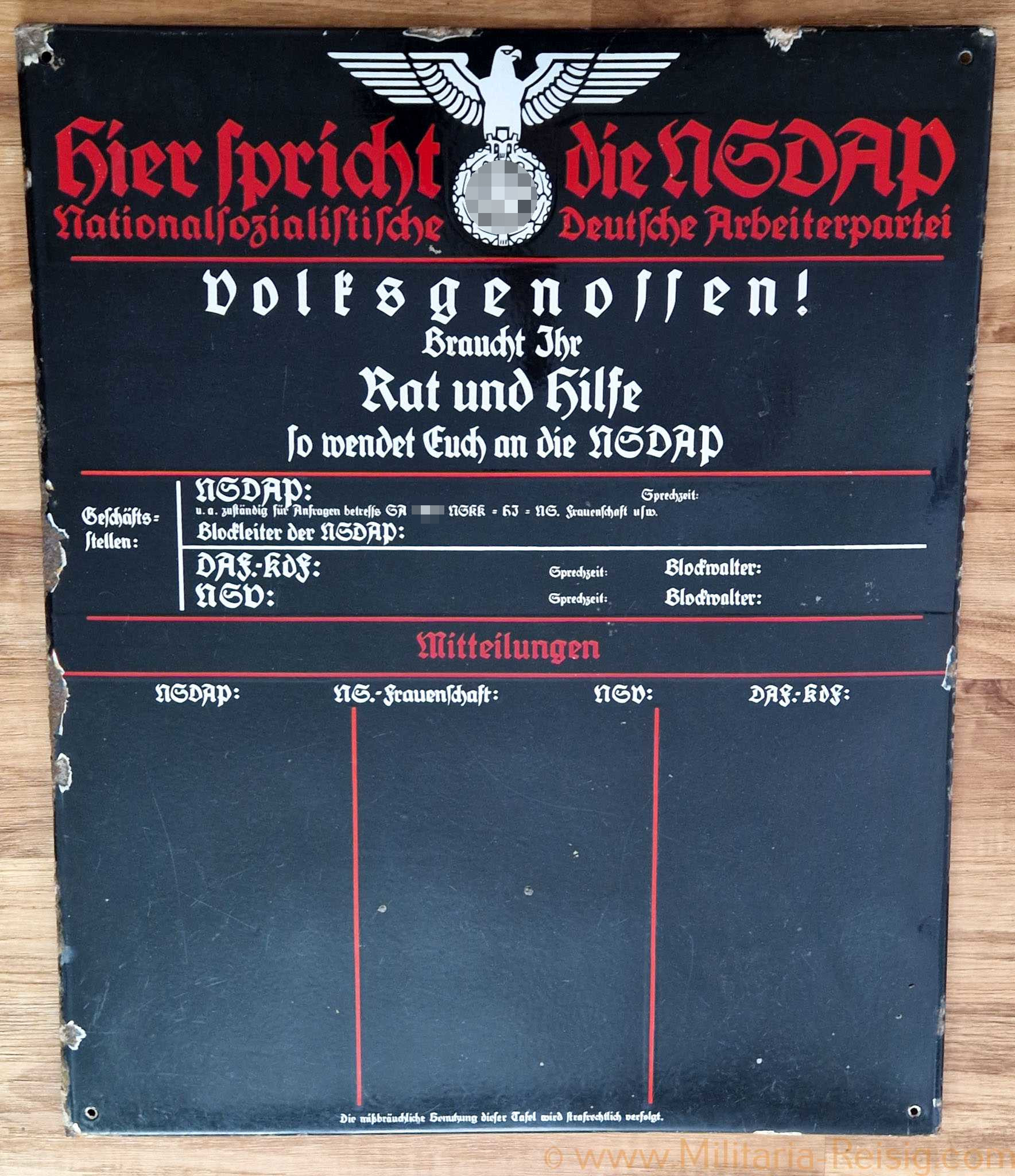 Emailleschild "Hier spricht die NSDAP"