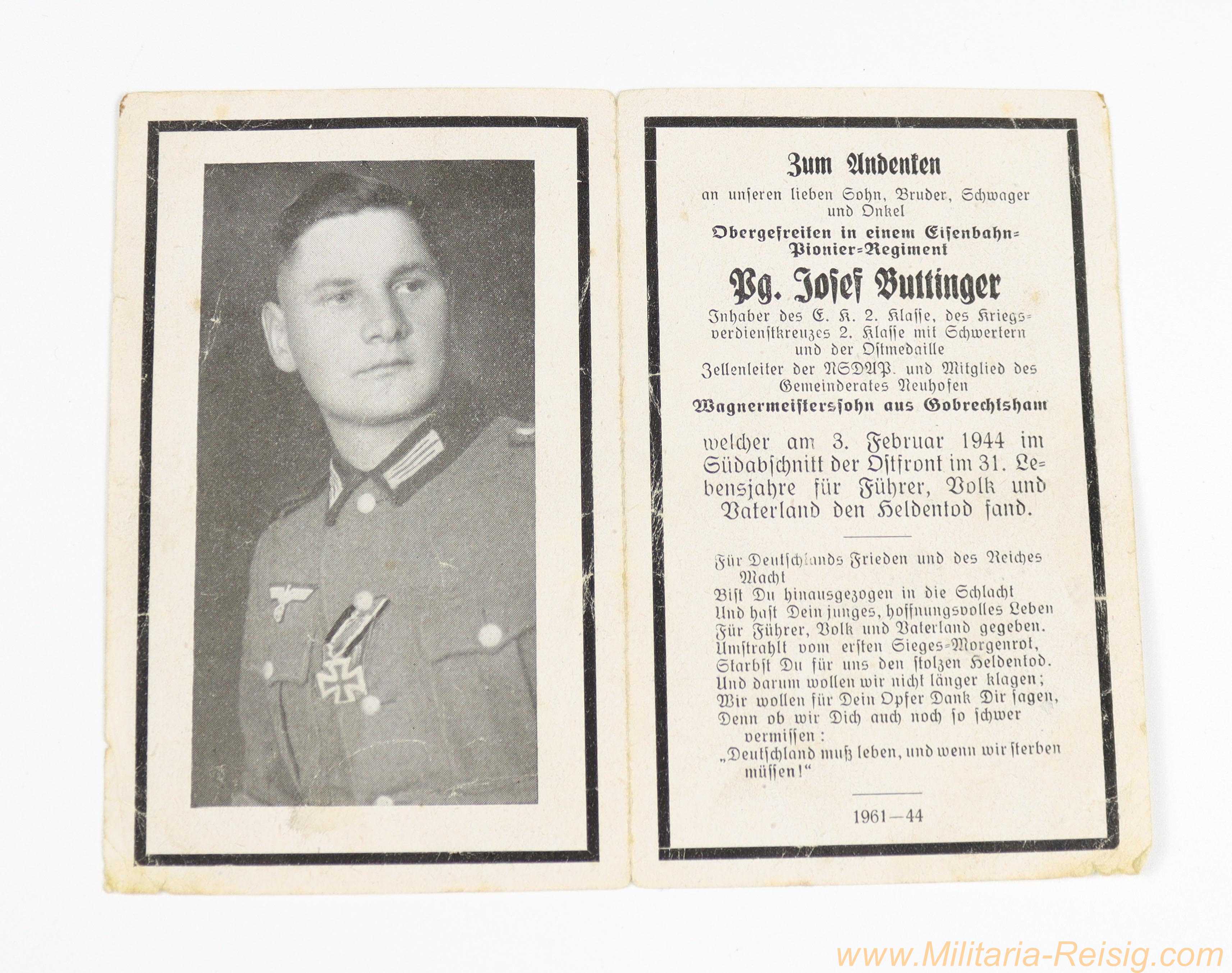 Wehrmacht Trauerkarte / Sterbebild – Obergefreiter Pg. Josef Bullinger (gefallen 03.02.1944)