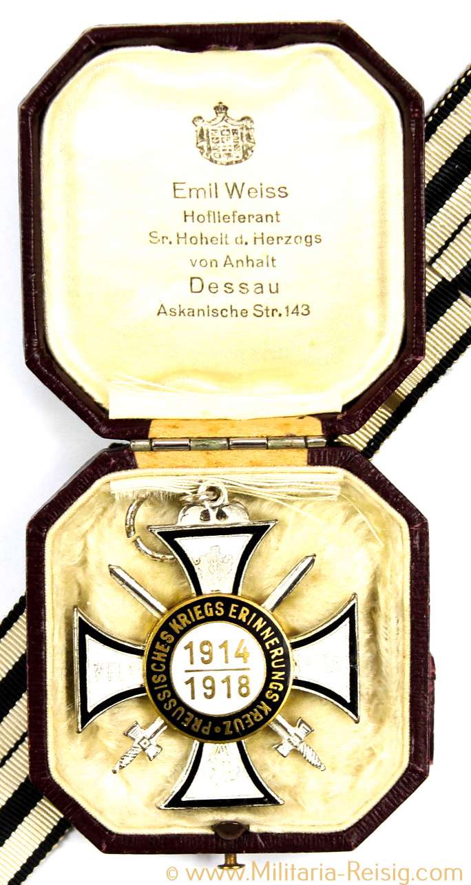 Preußisches Kriegserinnerungskreuz 1914-1918 für Kämpfer im Etui, selten!!