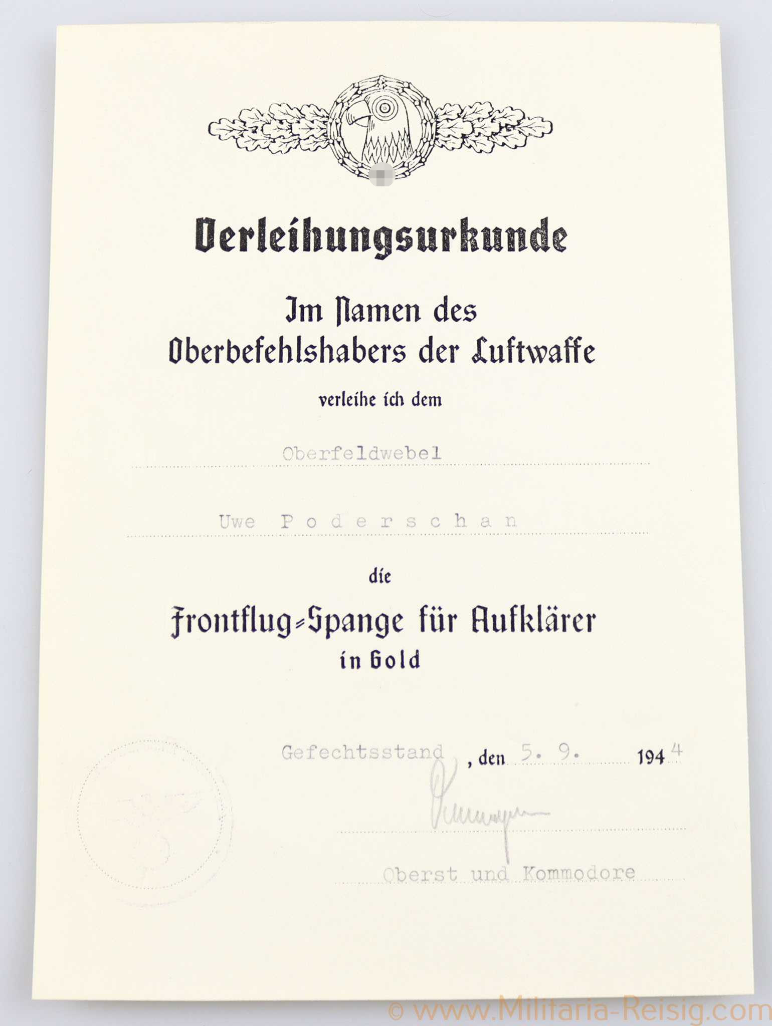 Verleihungsurkunde zur Frontflugspange für Aufklärer in Gold