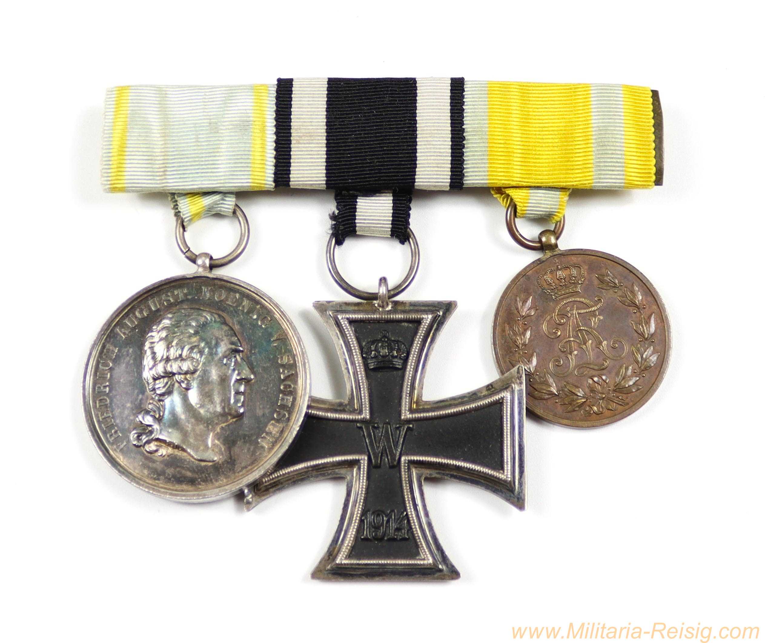 3er Ordensspange – Sächsische Medaille des Militär-St.-Heinrichs-Ordens, EK2 1914 & Friedrich-August-Medaille