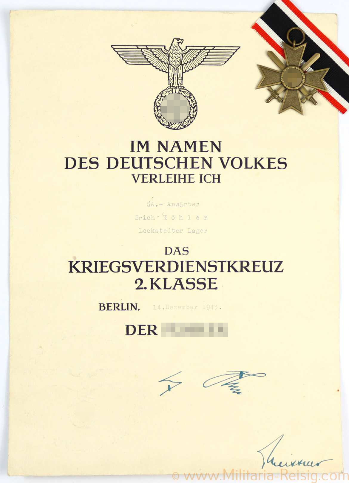 Kriegsverdienstkreuz mit Schwertern 2. Klasse und Verleihungsurkunde für einen SA-Anwärter