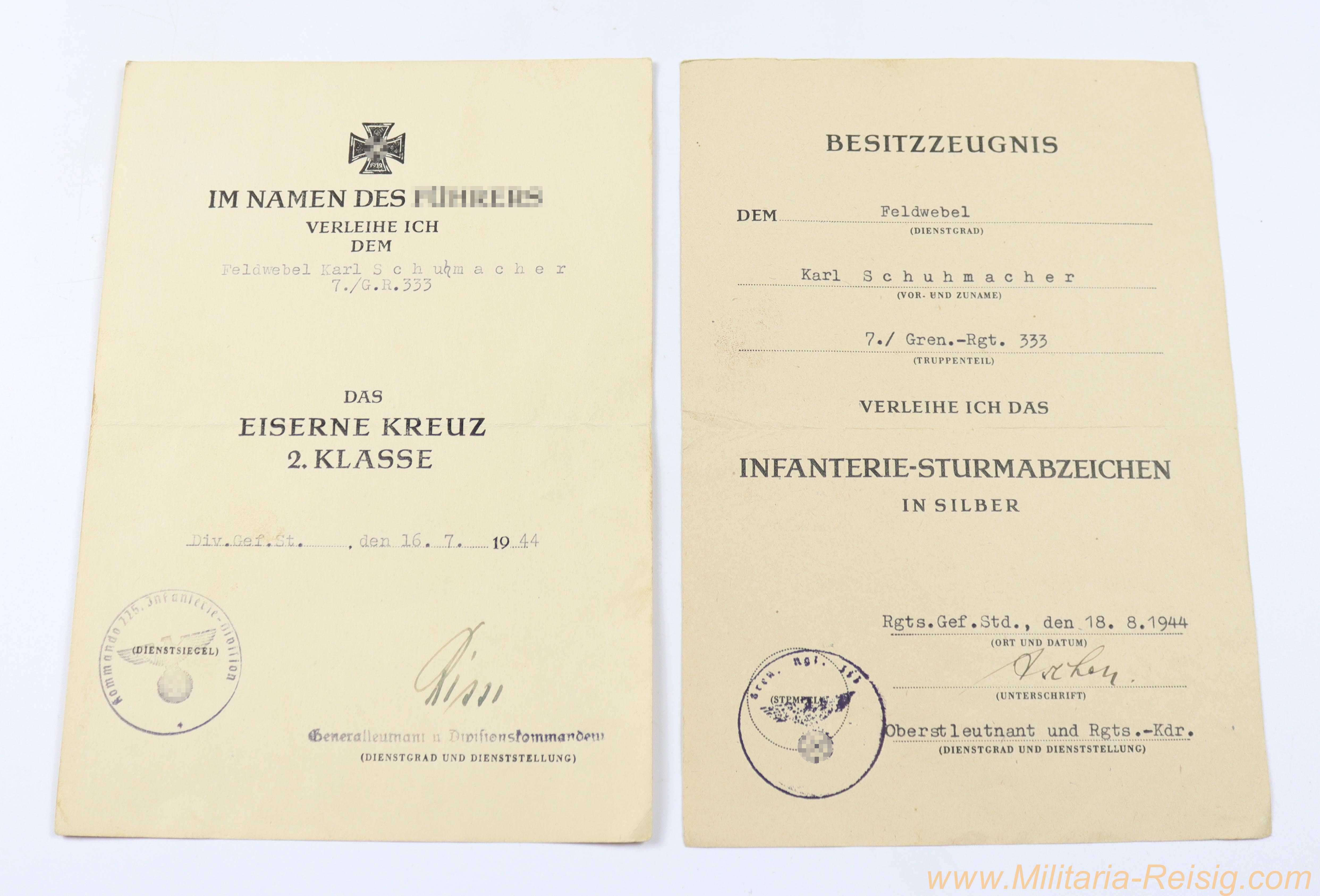 2 Urkunden Karl Schuhmacher2 Verleihungsurkunden – Eisernes Kreuz 2. Klasse & Infanterie-Sturmabzeichen in Silber – Karl Schuhmacher