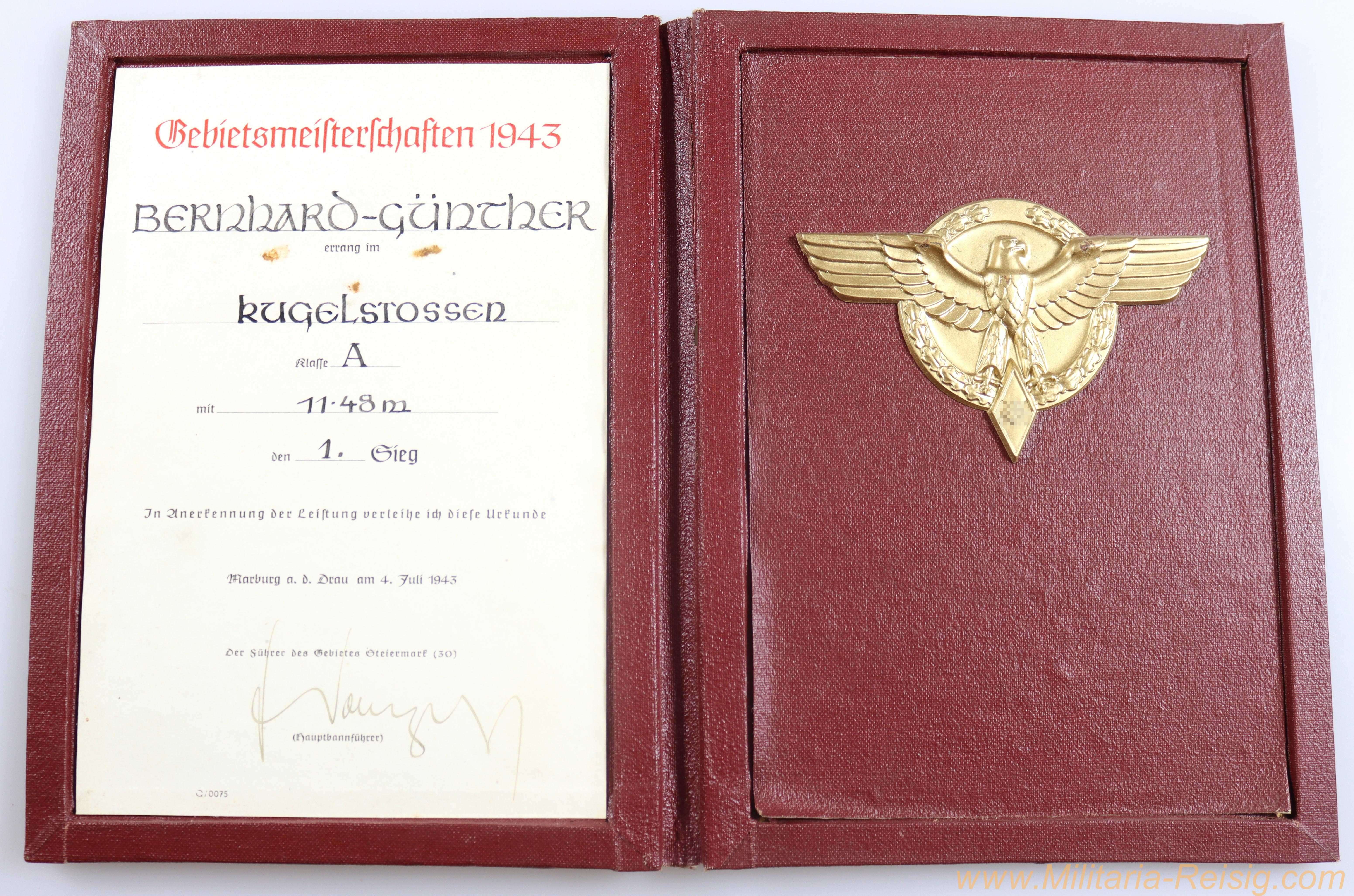 Siegerurkunde Gebietsmeisterschaften 1943 in Verleihungsmappe