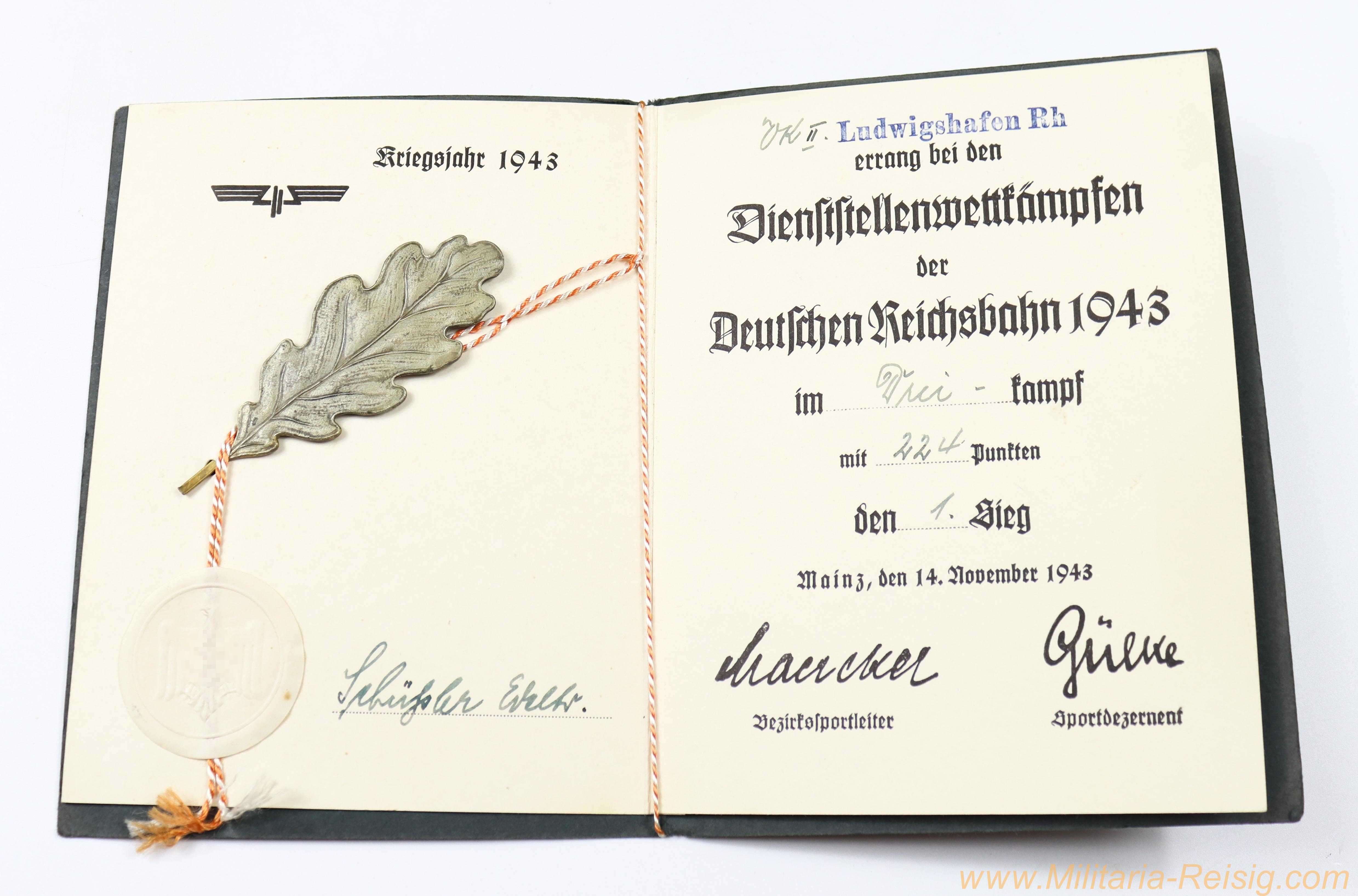 Deutsche Reichsbahn – Urkunde zu den Dienststellenwettkämpfen 1943 – 1. Sieg