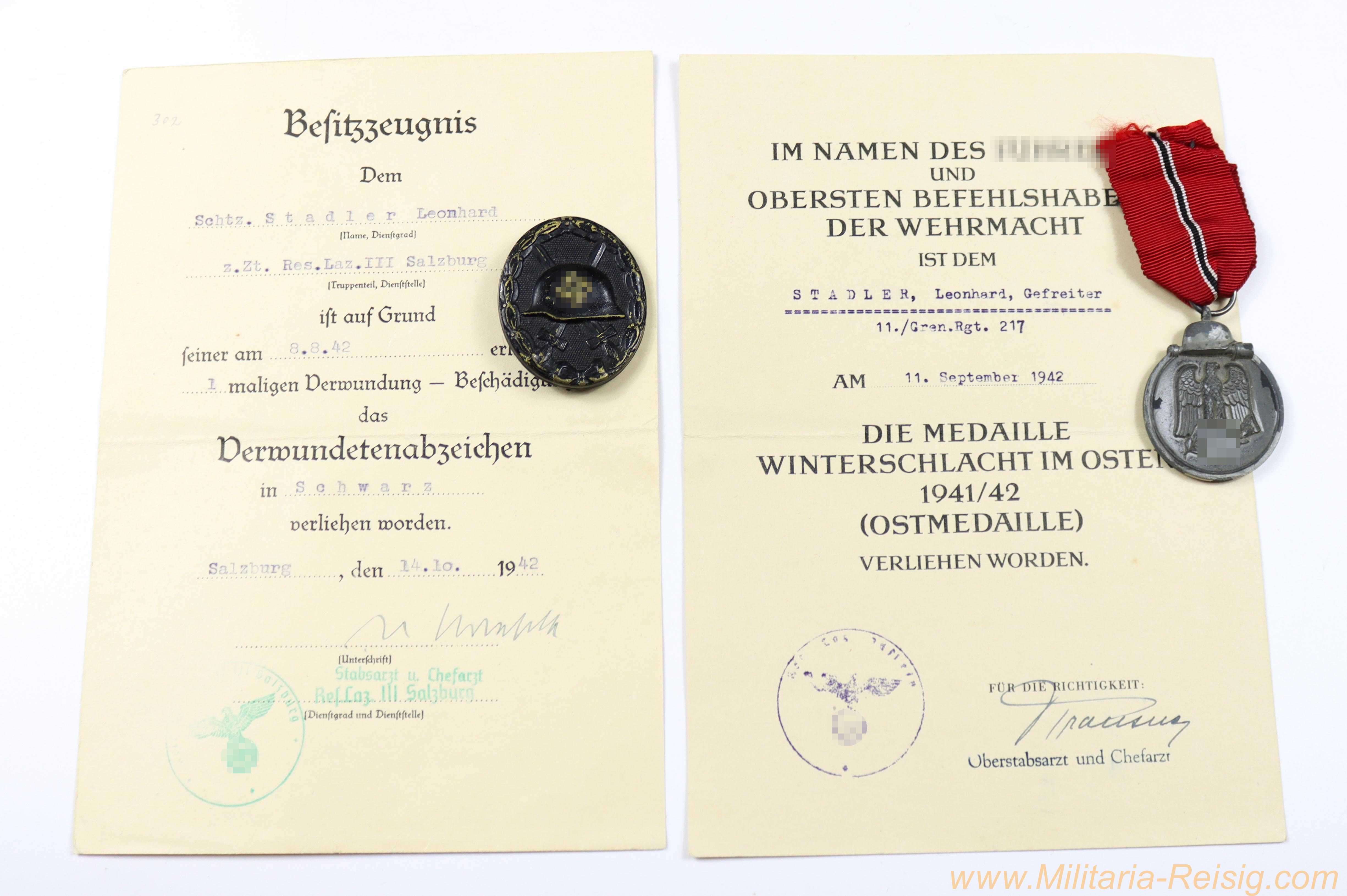 Urkundengruppe Leonhard Stadler – Verwundetenabzeichen in Schwarz und Ostmedaille mit Auszeichnungen