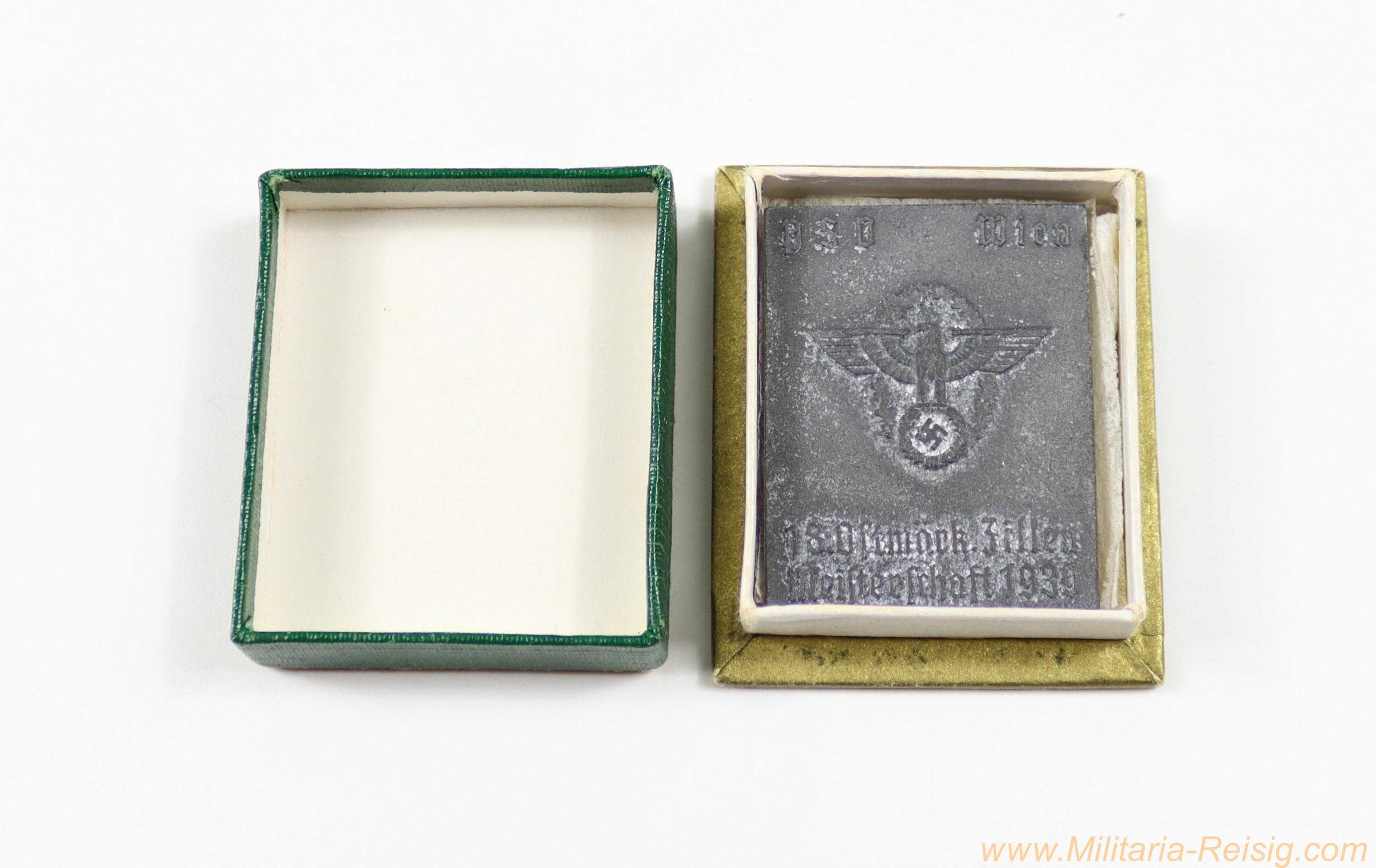 Plakette "1. Ostmärk. Zillen-Meisterschaft 1939", PSV Wien, im Etui