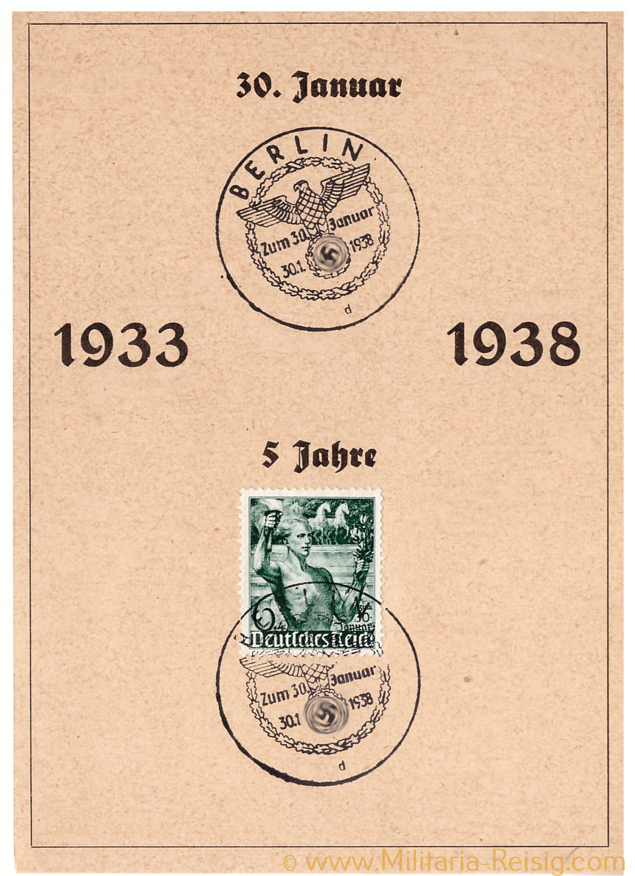 Postkarte, 1933 zum 30. Januar 1938, 3. Reich