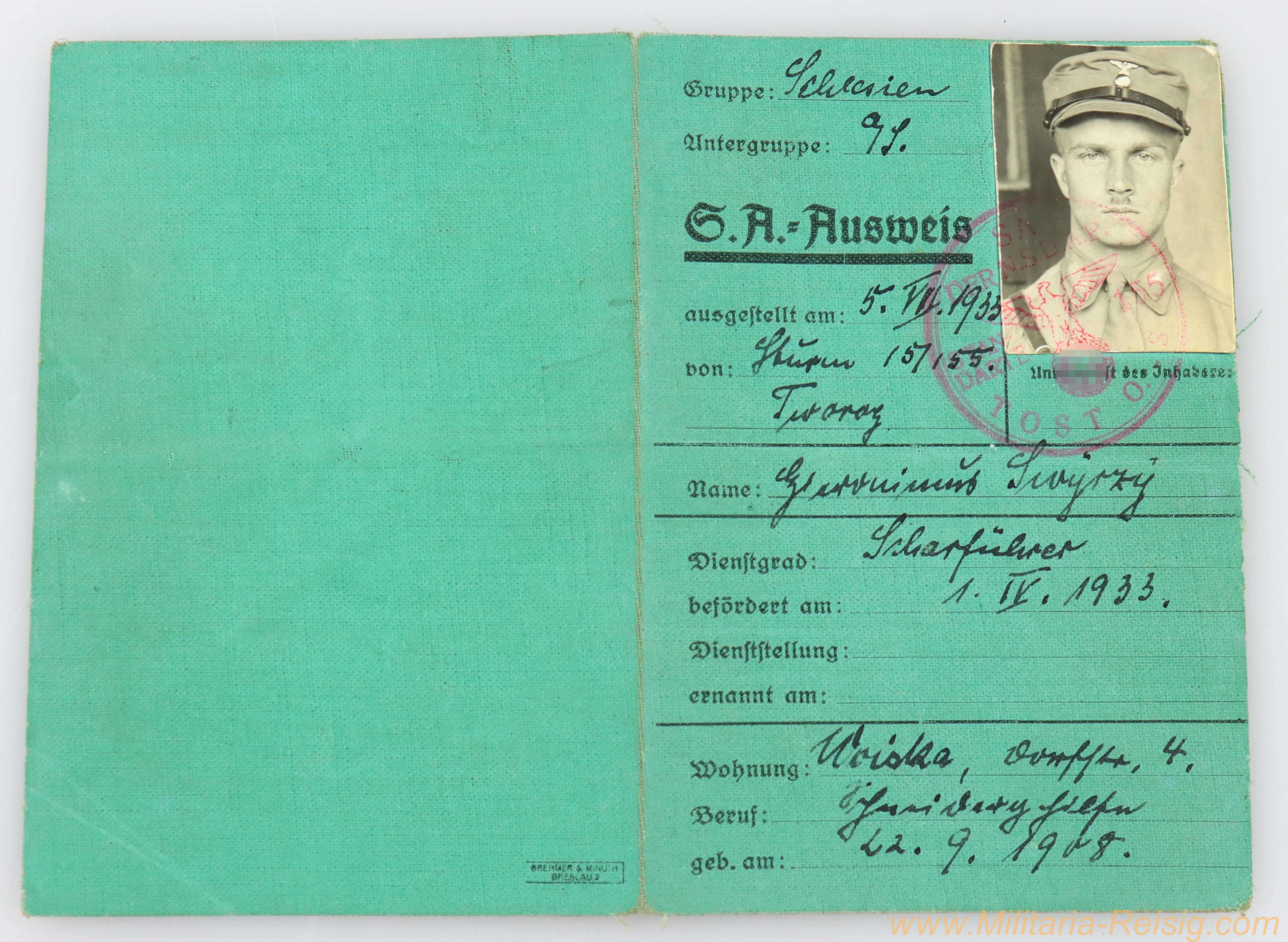 SA Ausweis eines Scharführer, SA-Standarte 155 Tost 1933