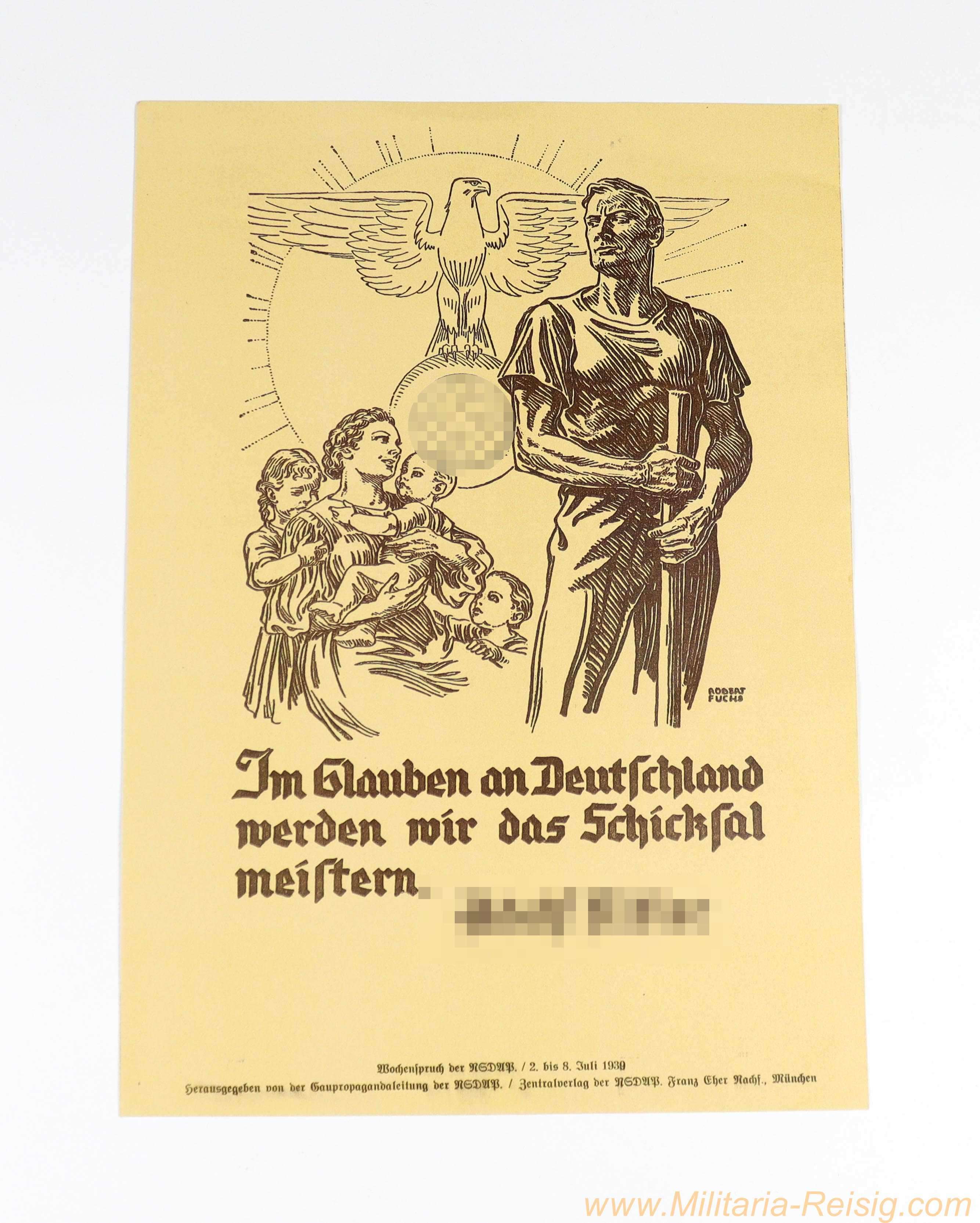 NSDAP „Wochenspruch“ 2.–8. Juli 1939 – Propaganda-Plakatblatt mit Hitler-Zitat (Franz Eher Nachf., München)