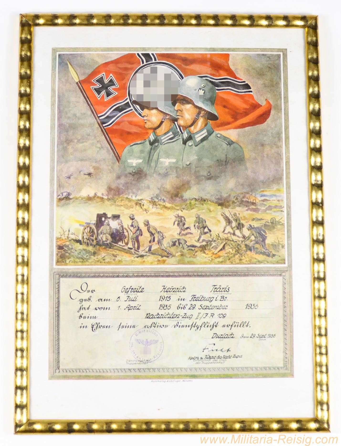 Dienstzeiturkunde im dekorativen Rahmen 1936