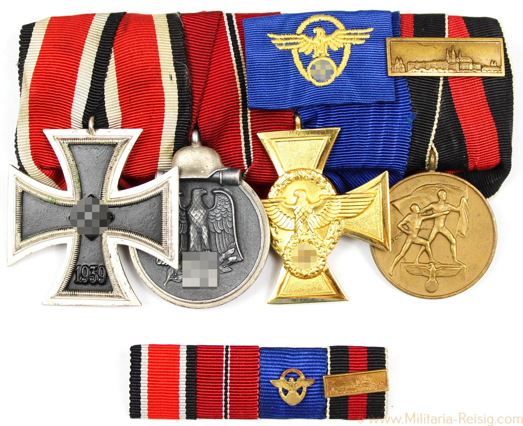 4er Ordensspange + Bandspange (EK2, Ostmedaille, Polizei DA, Sudetenland Prager Burg)